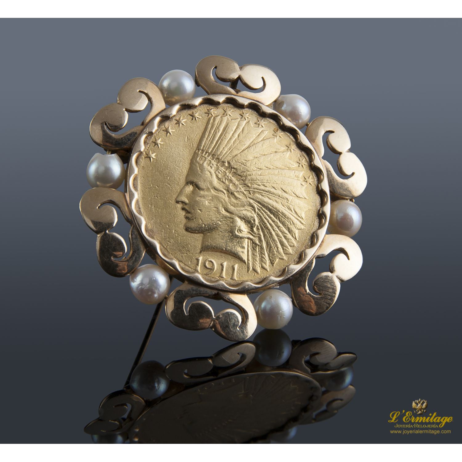 Alfiler oro amarillo perlas con moneda