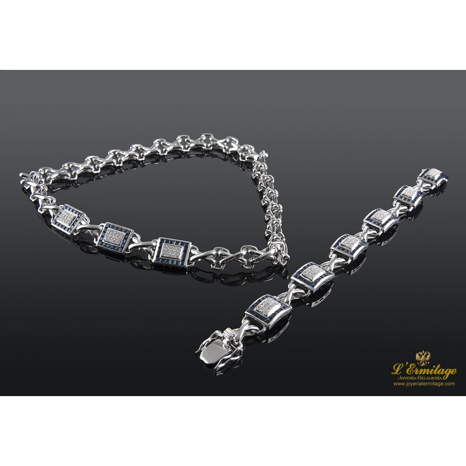 Pulsera de oro blanco diamantes y zafiros