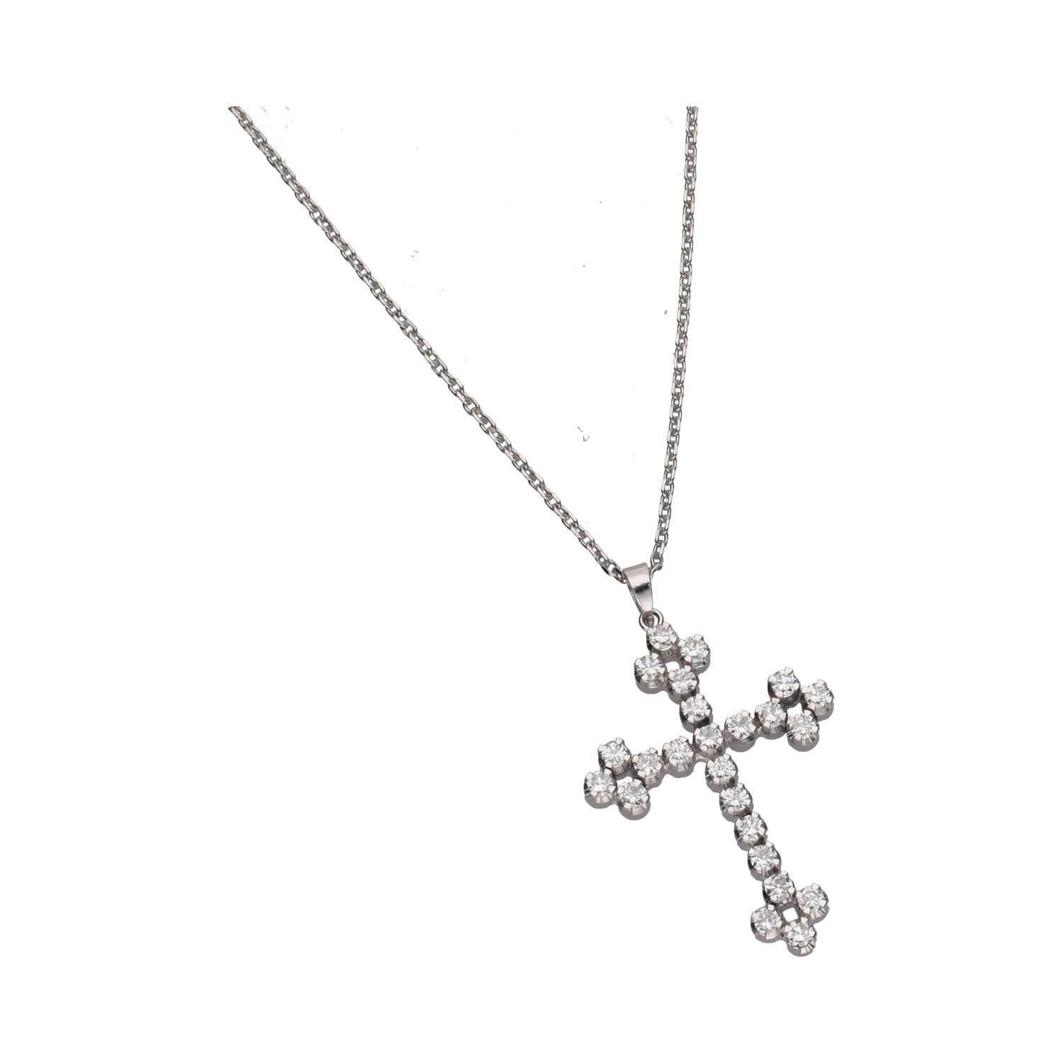 Collar en oro blanco y cruz con brillantes.