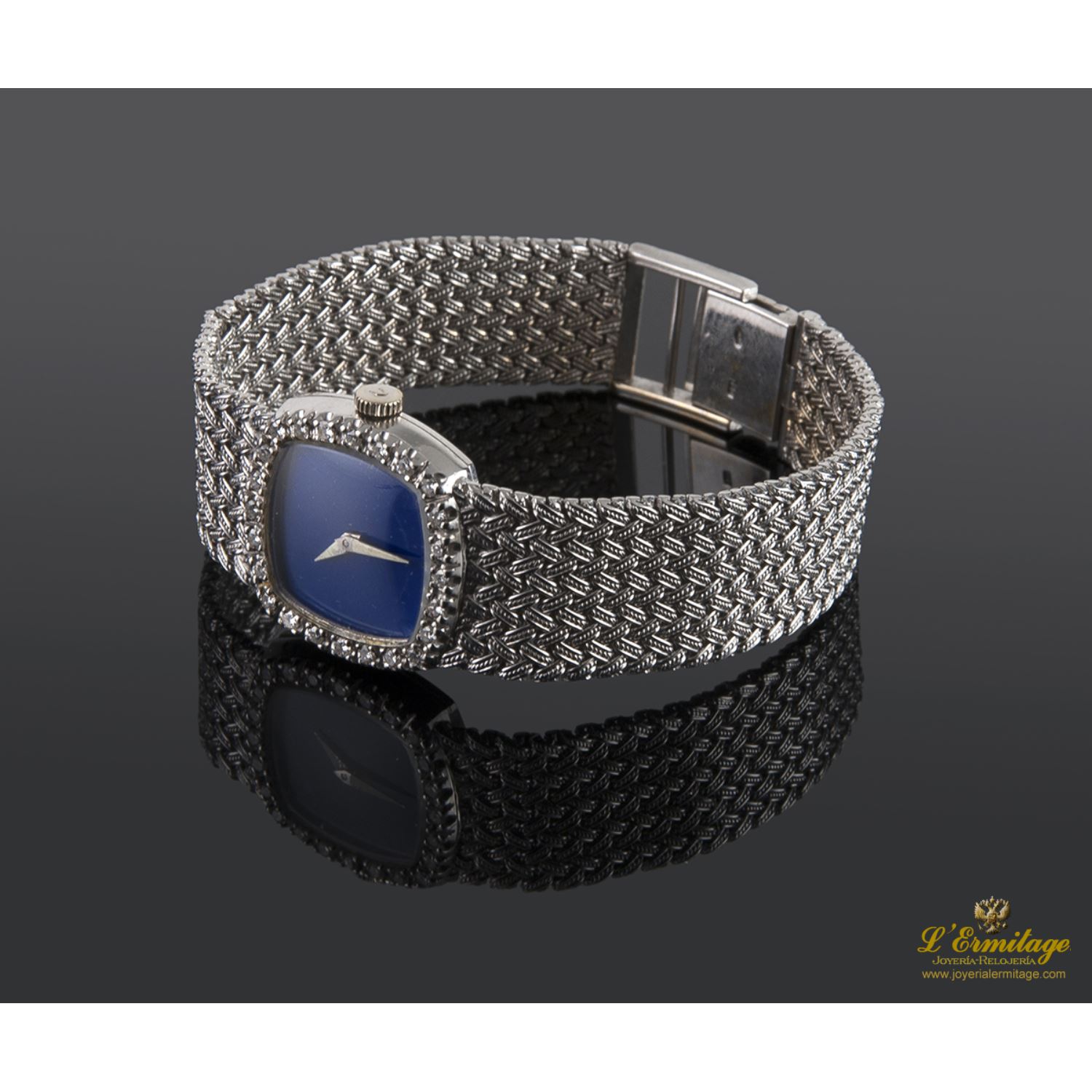 Vintage oro blanco y lapislázuli señora cuerda manual 