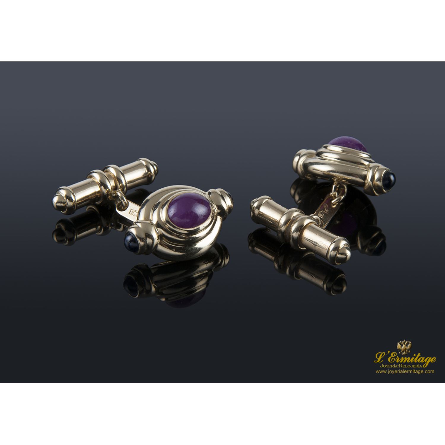 Gemelos en oro amarillo con rubíes y zafiros