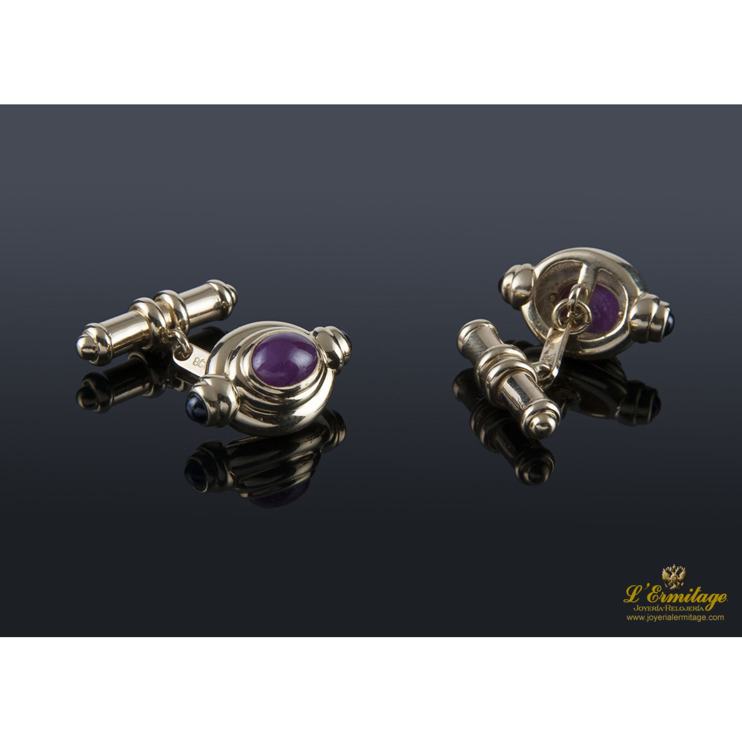 Gemelos en oro amarillo con rubíes y zafiros