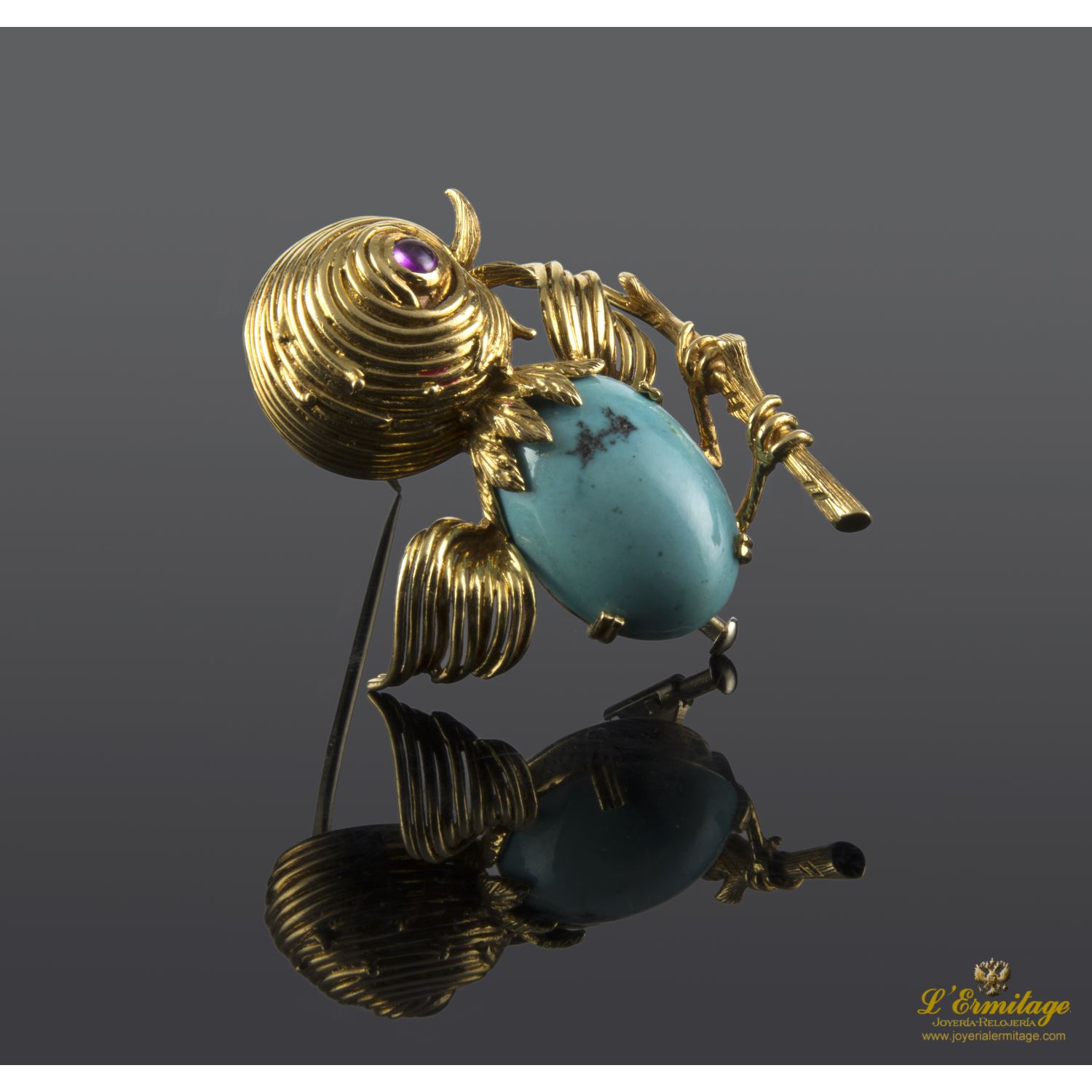 Broche-alfiler pajaro oro amarillo turquesa y amatista