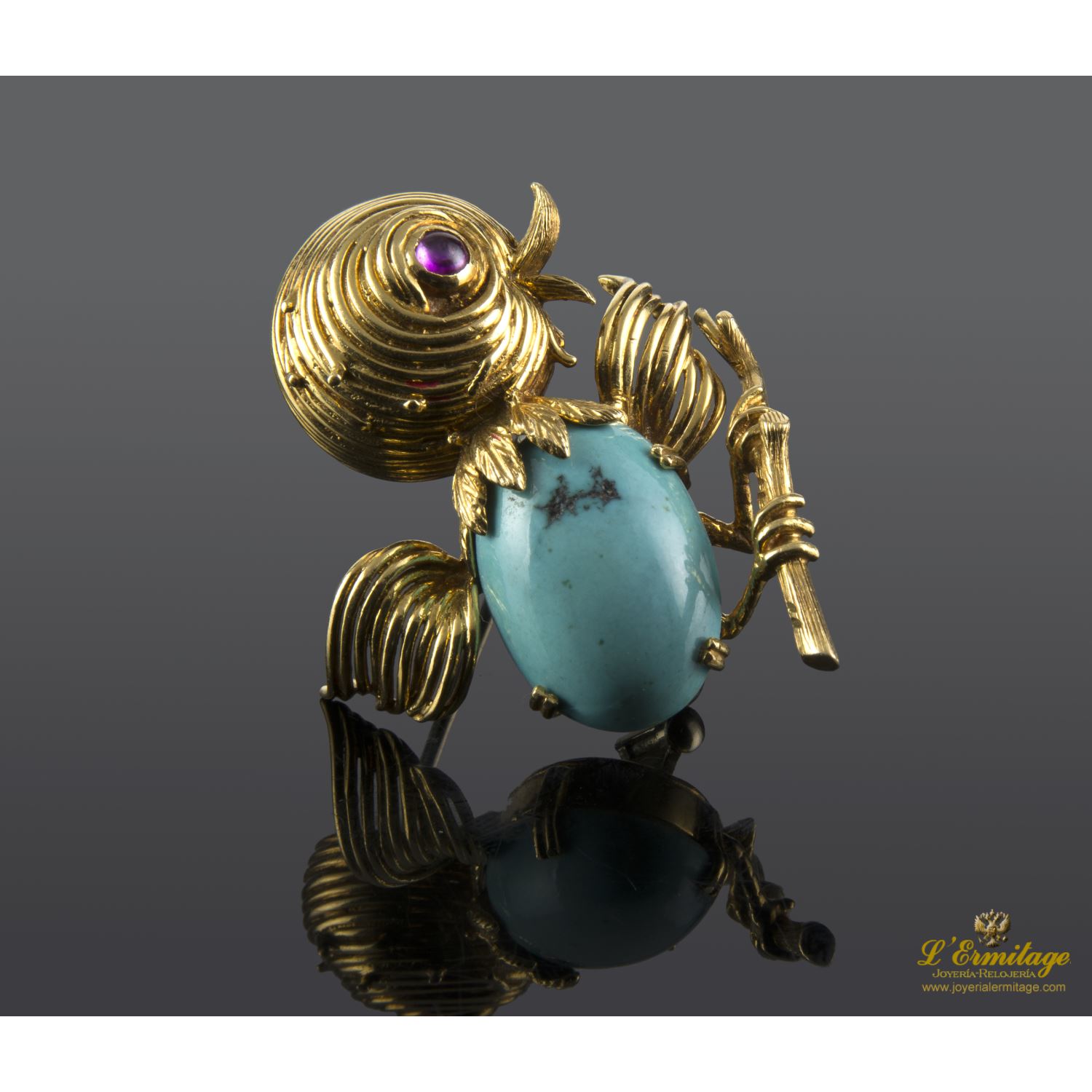 Broche-alfiler pajaro oro amarillo turquesa y amatista