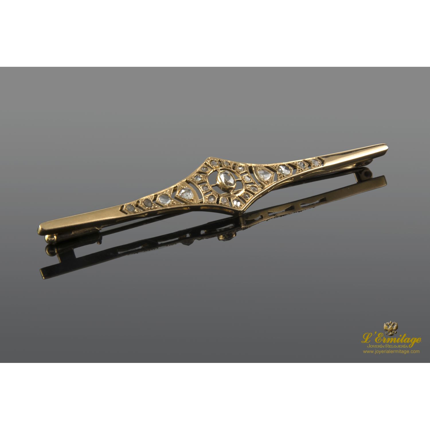 Broche-alfiler oro amarillo art-decco diamantes roca