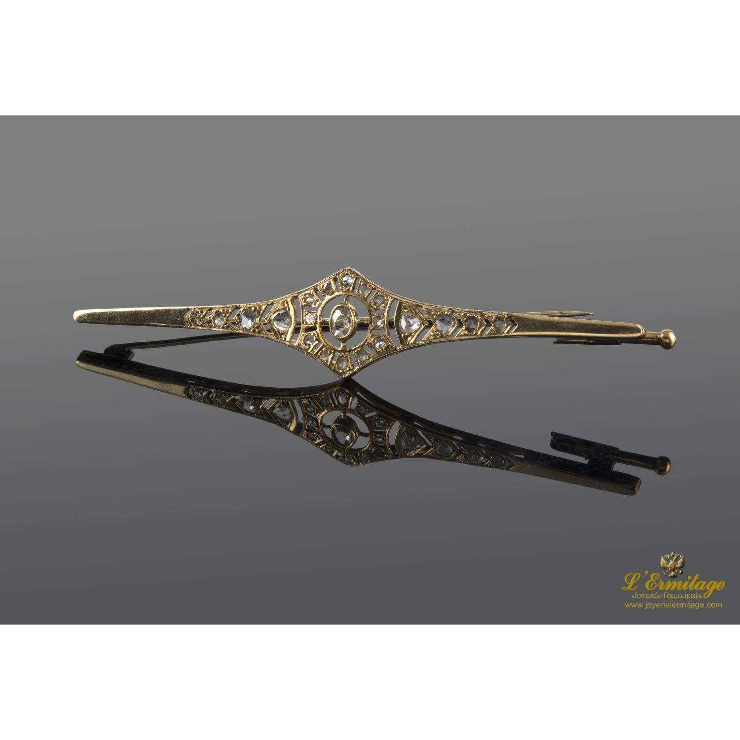 Broche-alfiler oro amarillo art-decco diamantes roca