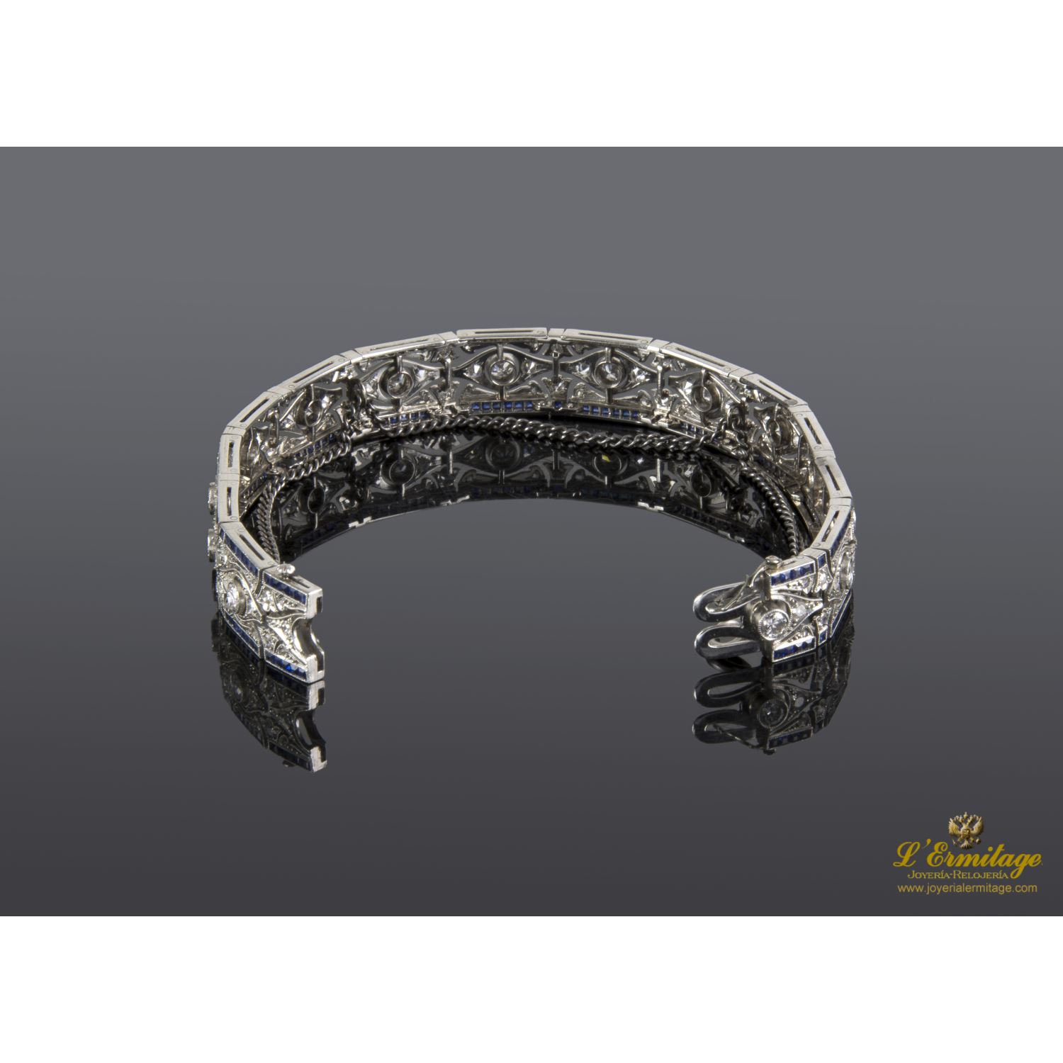 Pulsera art déco antigua oro blanco zafiros y diamantes