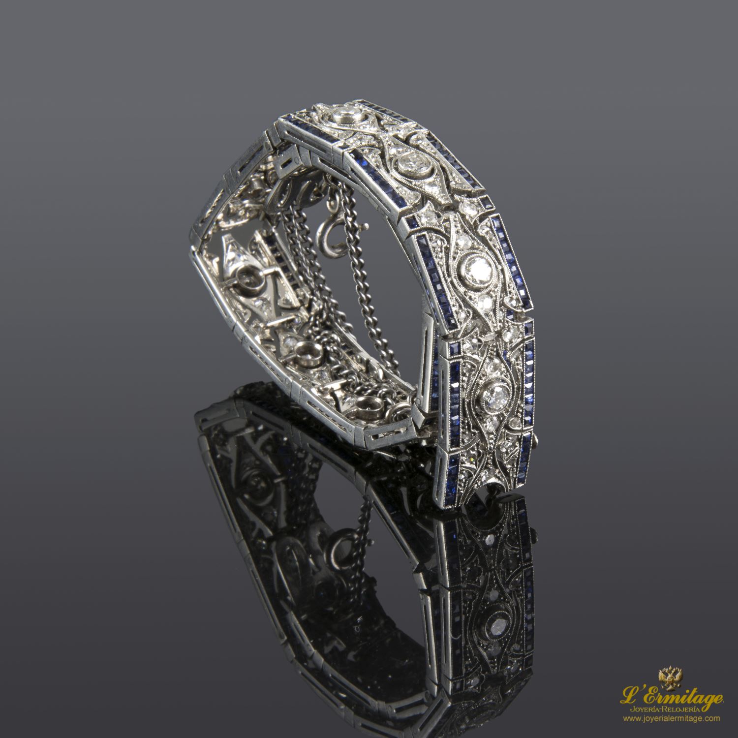 Pulsera art déco antigua oro blanco zafiros y diamantes