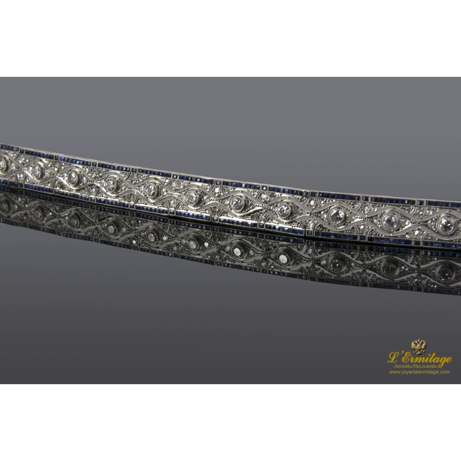 Pulsera art déco antigua oro blanco zafiros y diamantes