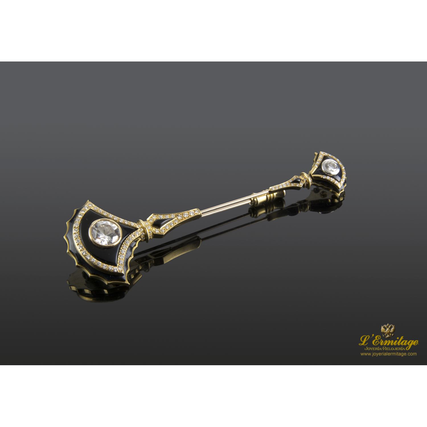 Alfiler oro amarillo ónix y circonitas