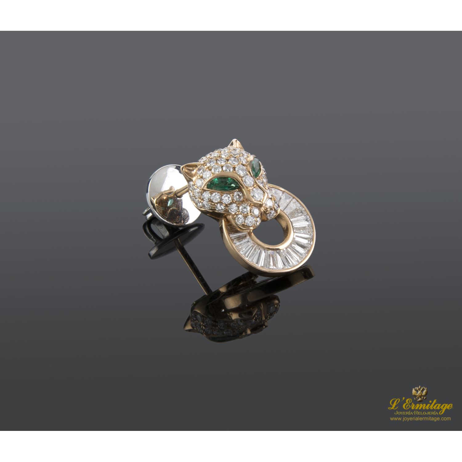 Pendientes panteras oro amarillo diamantes y esmeraldas