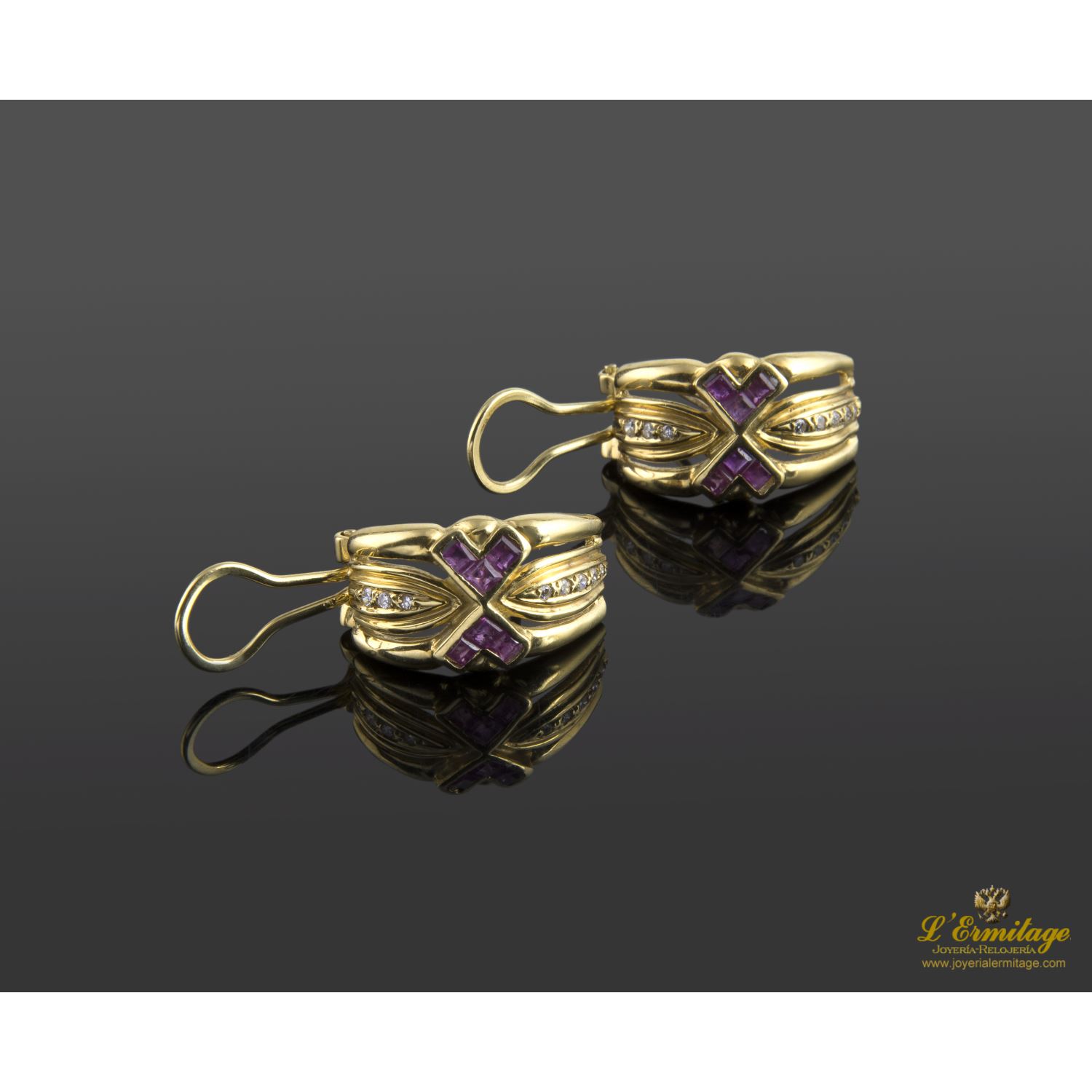 Pendientes oro amarillo rubíes y diamantes