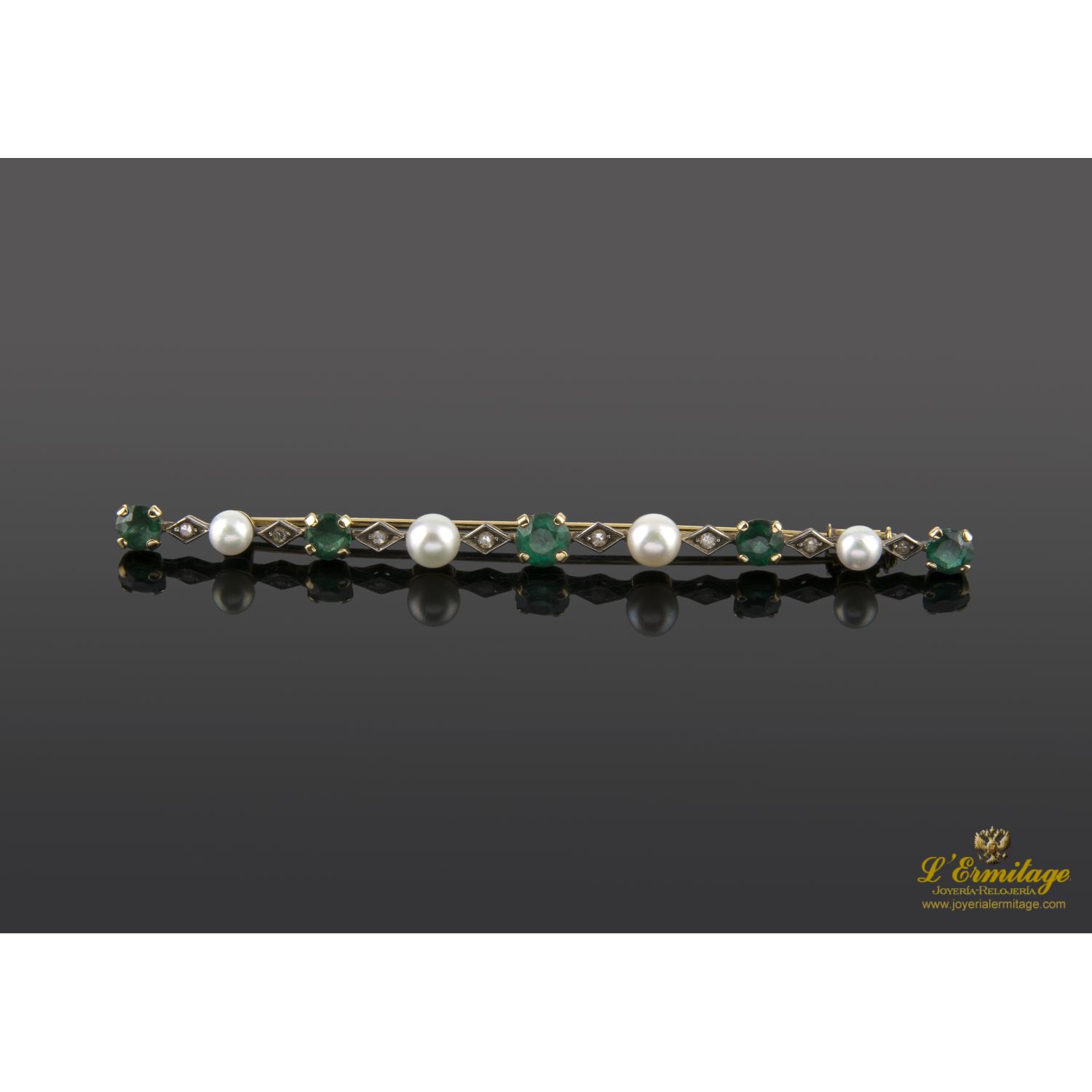 Broche-alfiler oro amarillo esmeraldas perlas y diamantes talla antigua