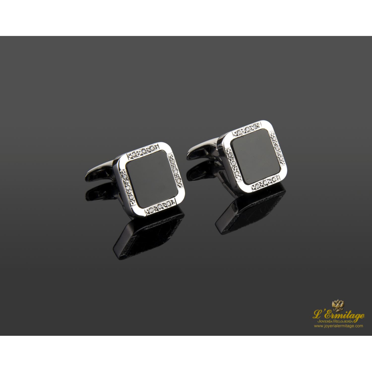 Gemelos oro blanco ónix y diamantes naturales