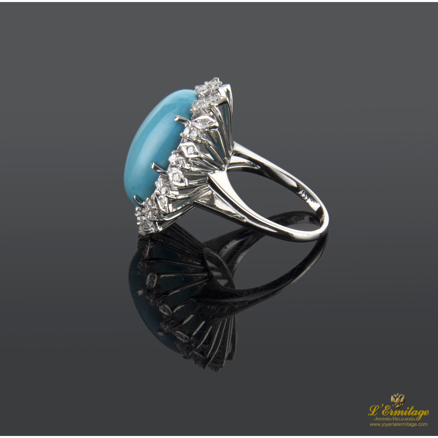 Sortija oro blanco turquesa y diamantes