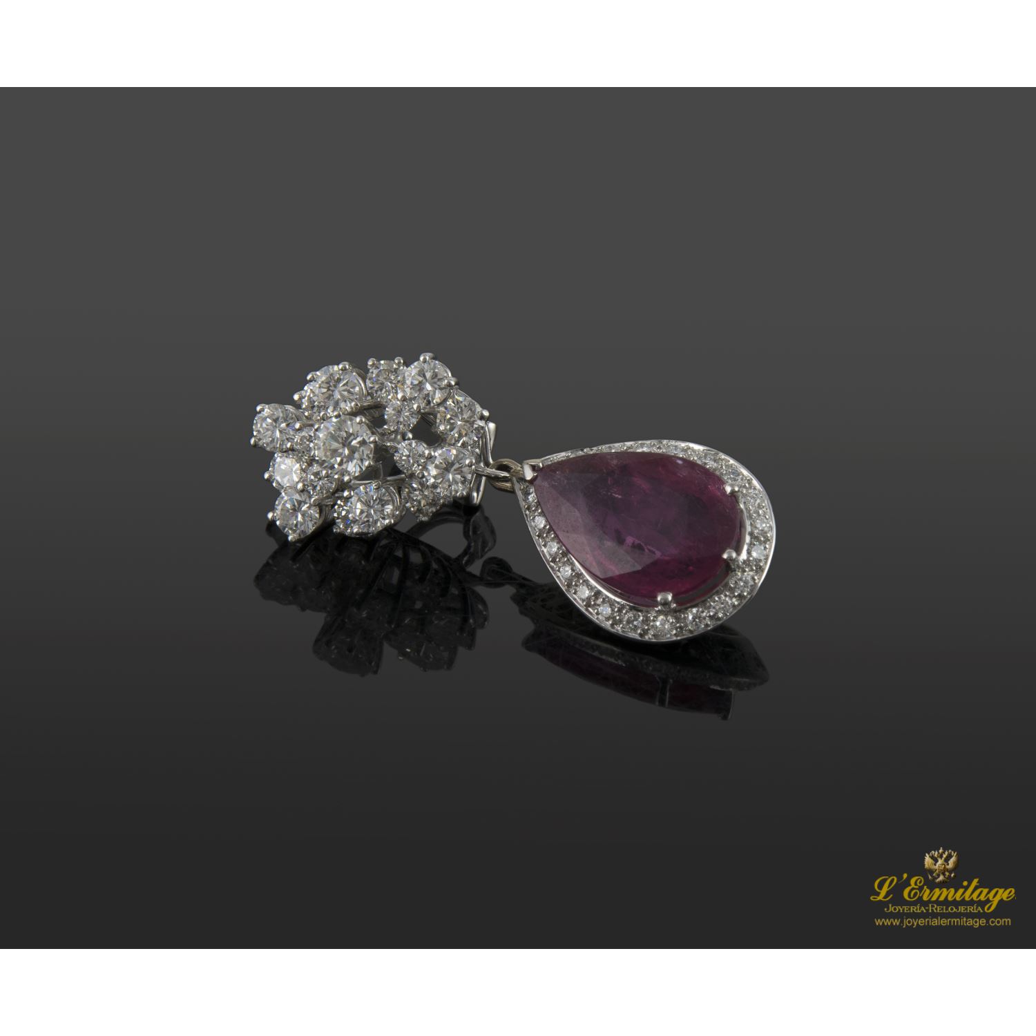 Pendientes colgantes oro blanco turmalinas rubelitas y diamantes