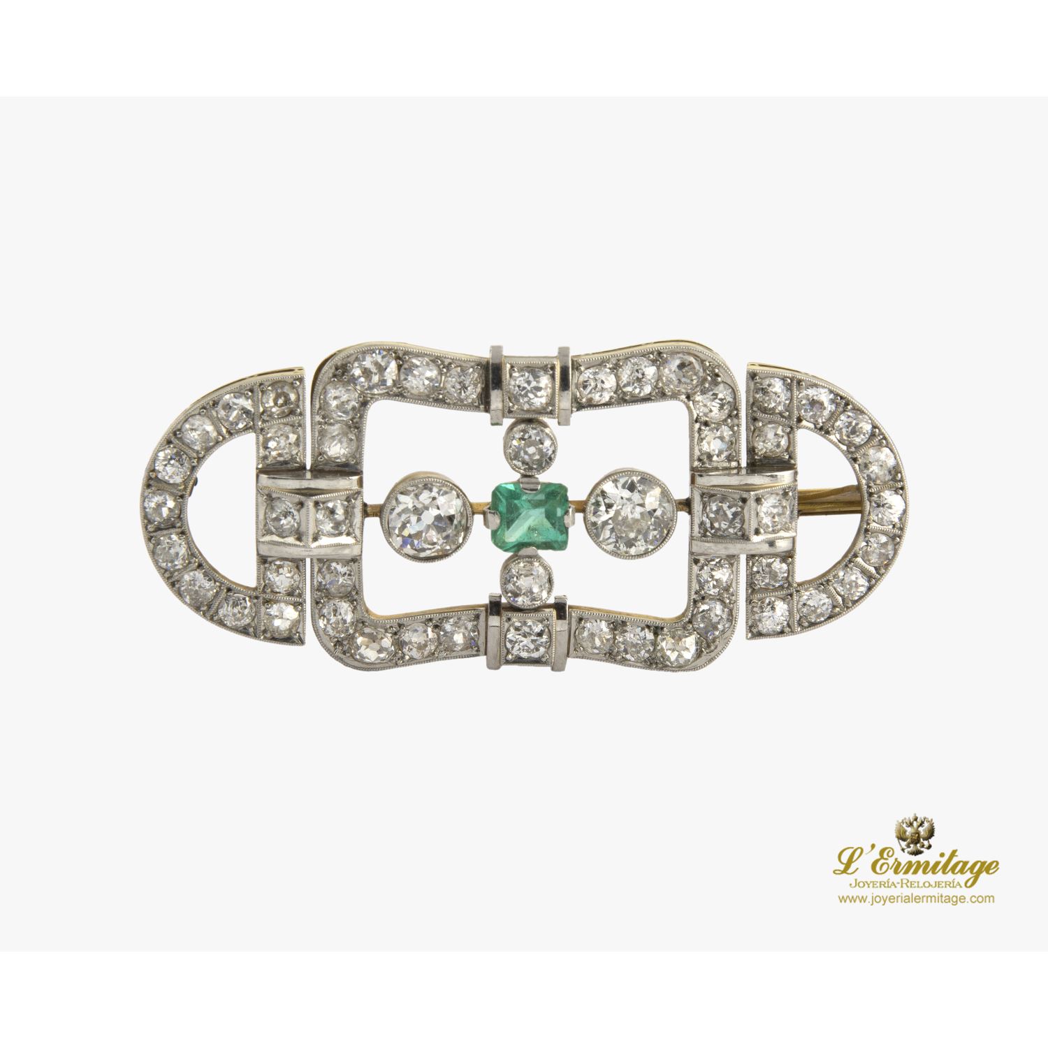 Broche-alfiler antiguo oro amarillo esmeralda y diamantes.