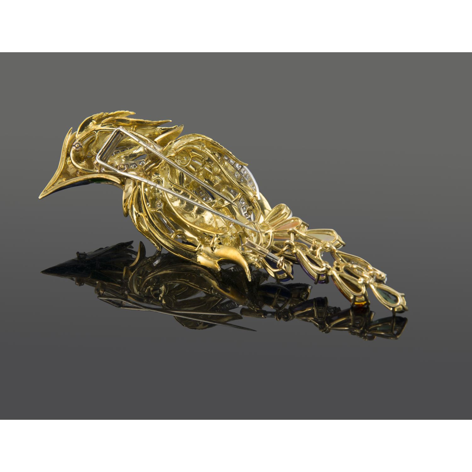 Broche-alfiler ave tropical oro amarillo piedras preciosas y esmalte