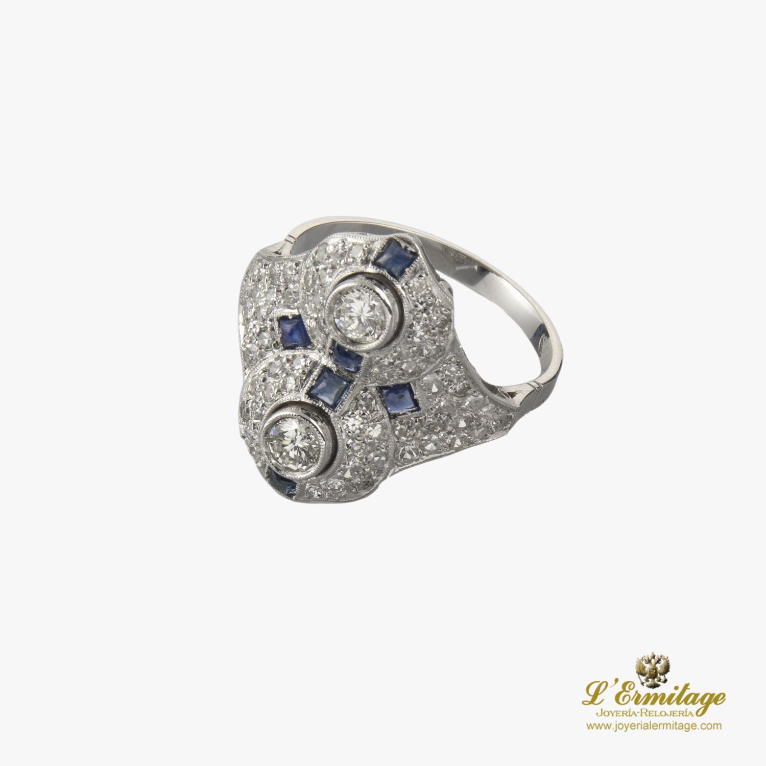 Sortija art déco oro blanco diamantes y zafiros