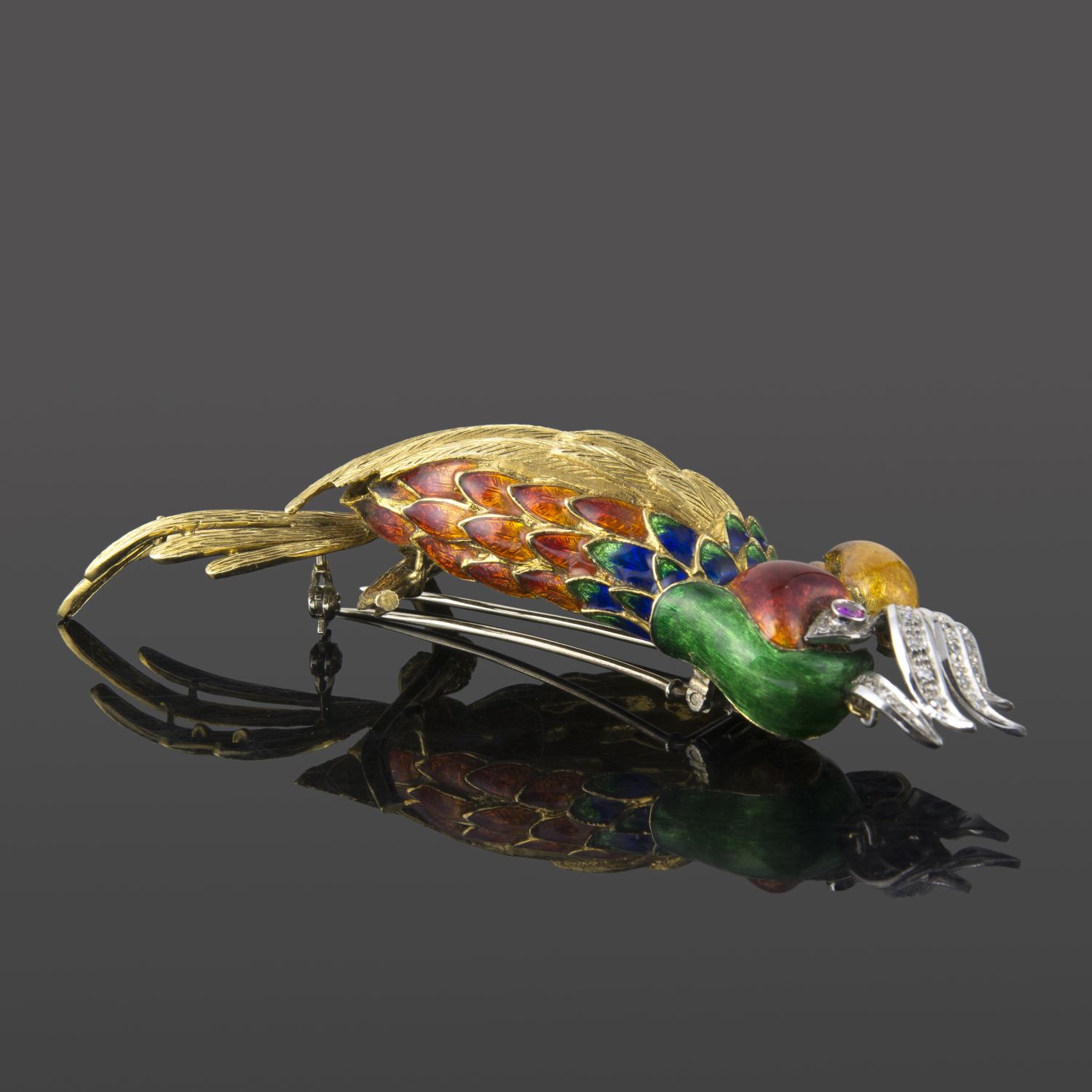 Broche-alfiler loro oro amarillo esmalte y diamantes