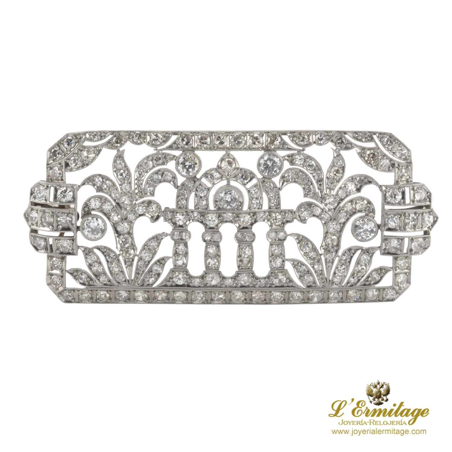 Broche-alfiler art deco oro blanco y diamantes talla antigua