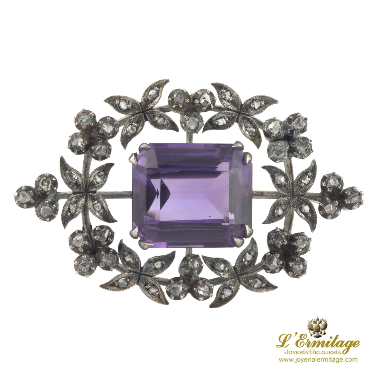 Broche-alfiler antiguo oro y plata amatista y diamantes