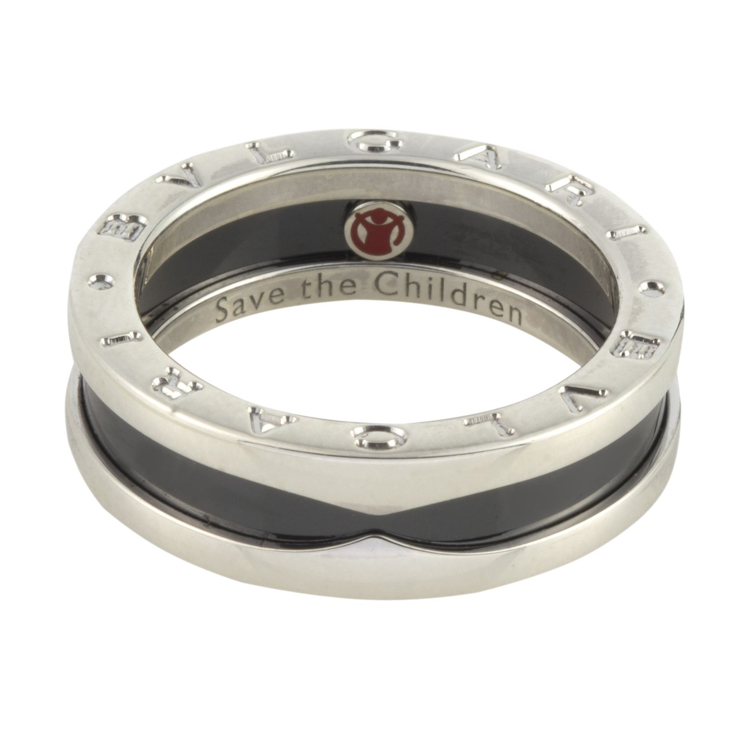 Anillo save the children de una banda en plata de ley con cerámica negra. Talla nº: 57. 