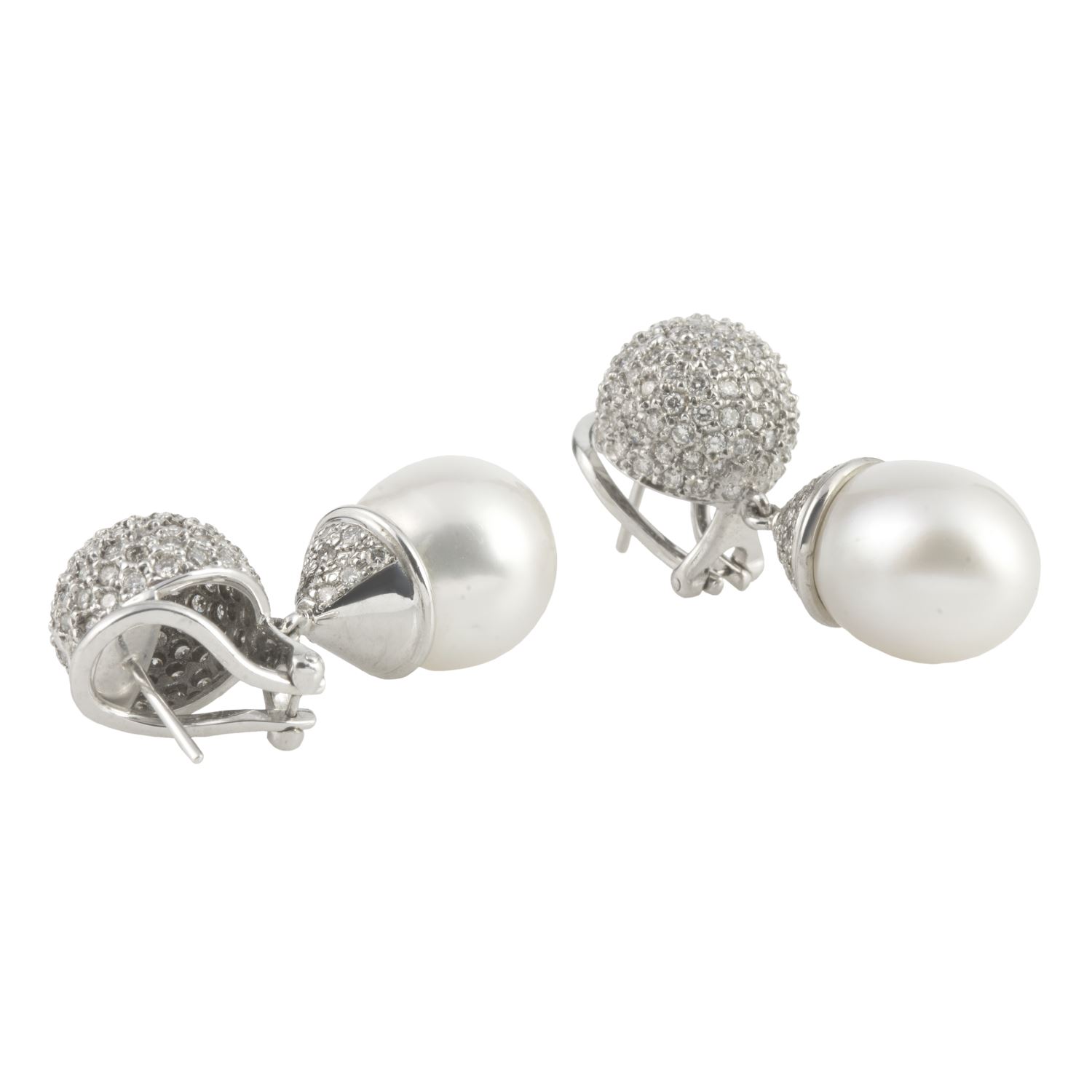 Pendientes colgantes oro blanco perla australiana y cuajado de diamantes