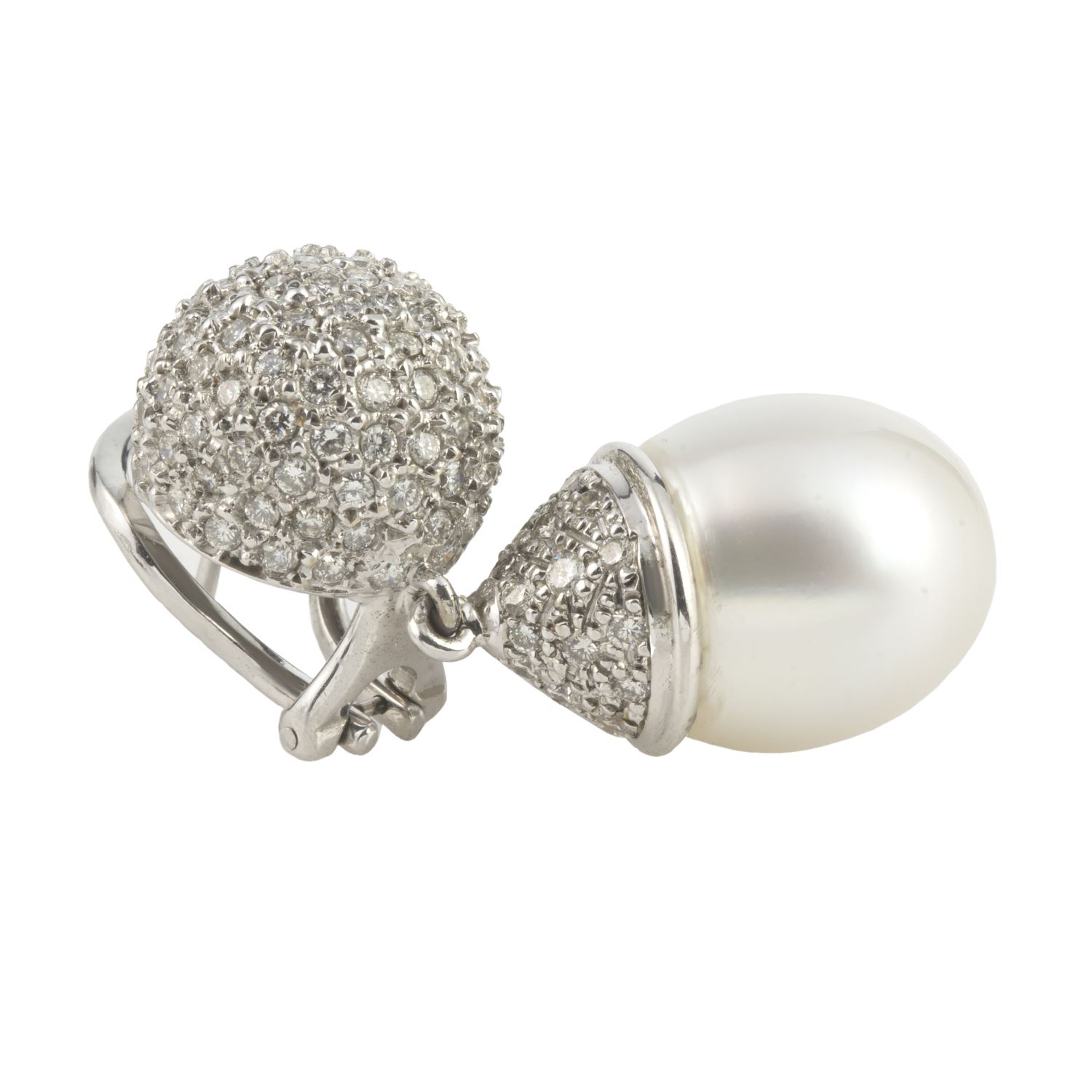 Pendientes colgantes oro blanco perla australiana y cuajado de diamantes