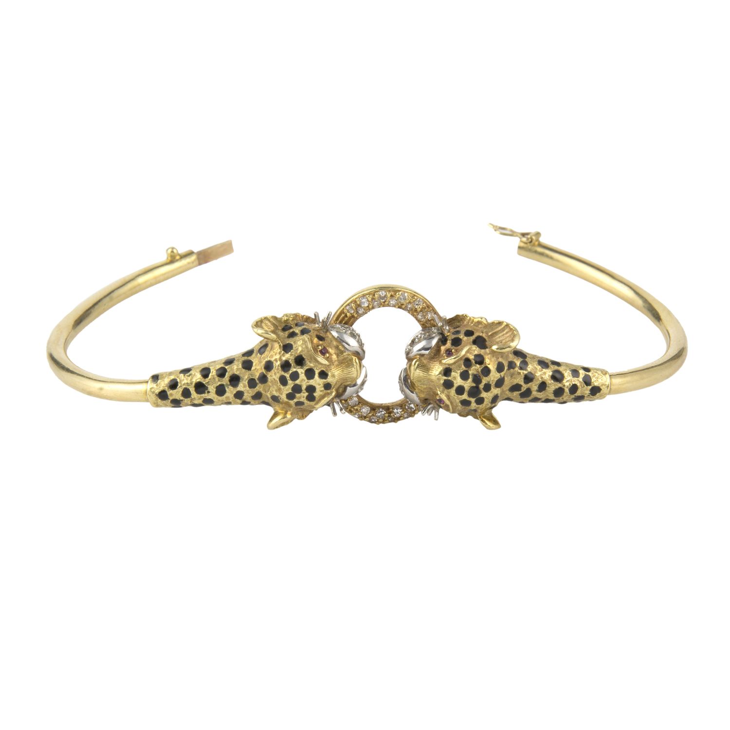 Pulsera rígida oro amarillo leopardos esmaltados