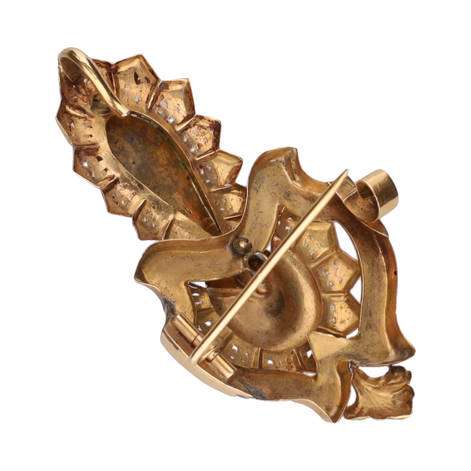 Broche antiguo en oro amarillo, esmalte, perla y diamantes.