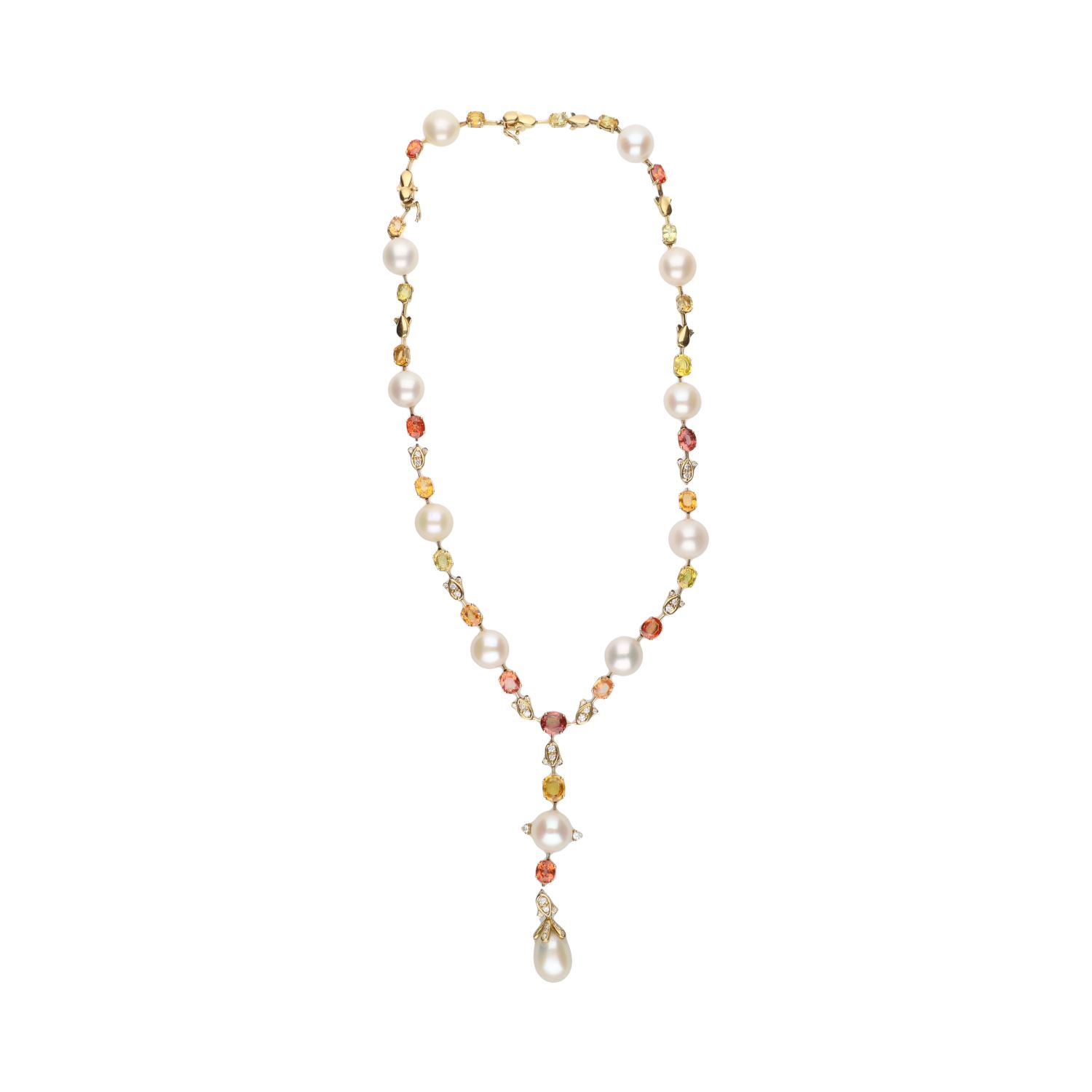 Collar en oro amarillo con perlas, diamantes y piedras de color.