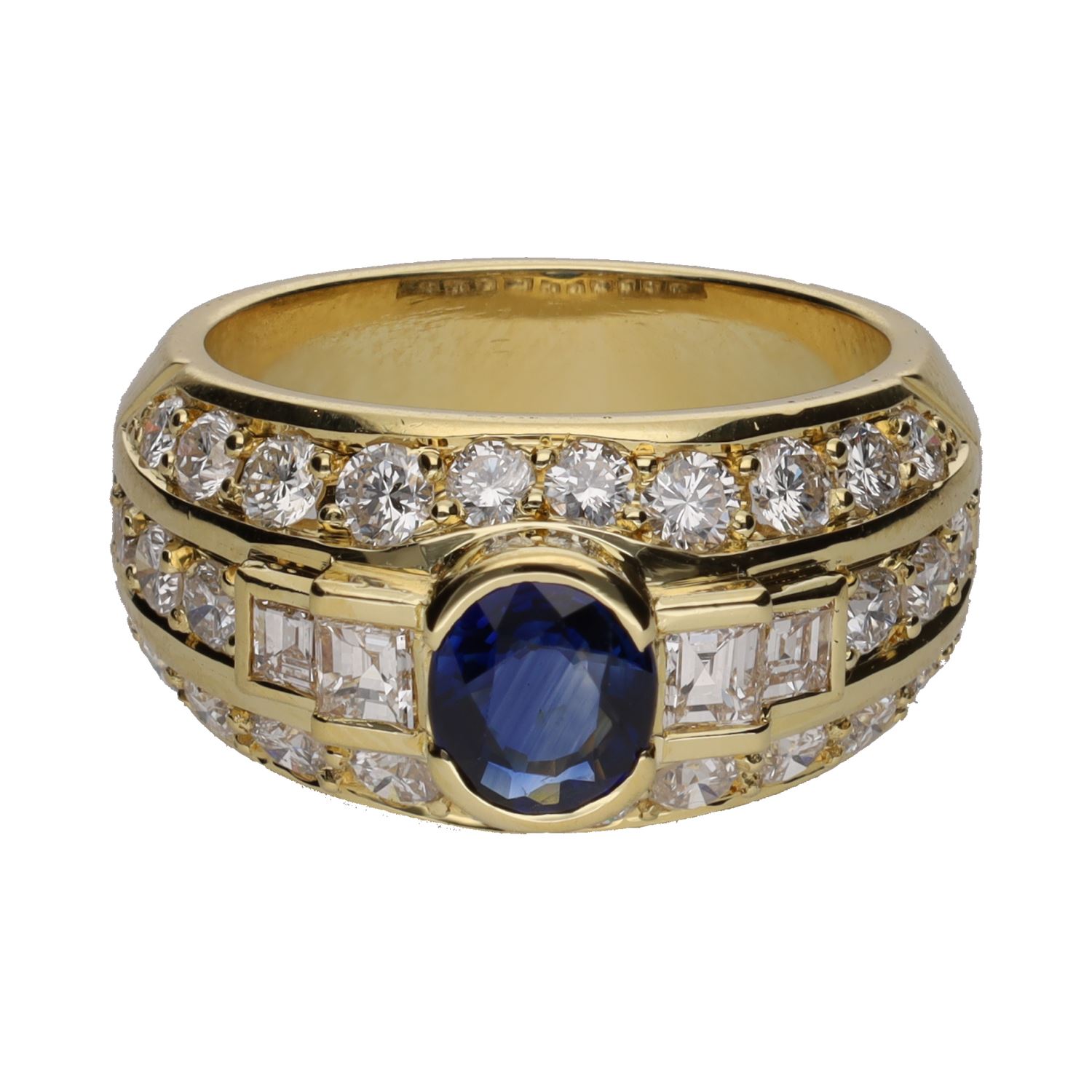 Sortija en oro amarillo con zafiro y diamantes naturales. Talla 15.