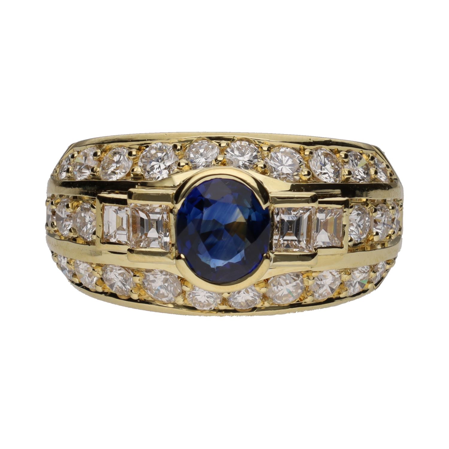 Sortija en oro amarillo con zafiro y diamantes naturales. Talla 15.