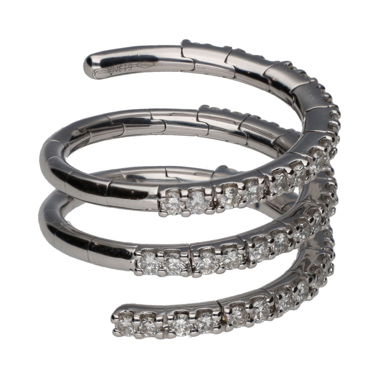 Sortija  tipo muelle en oro blanco con brillantes. Talla 14