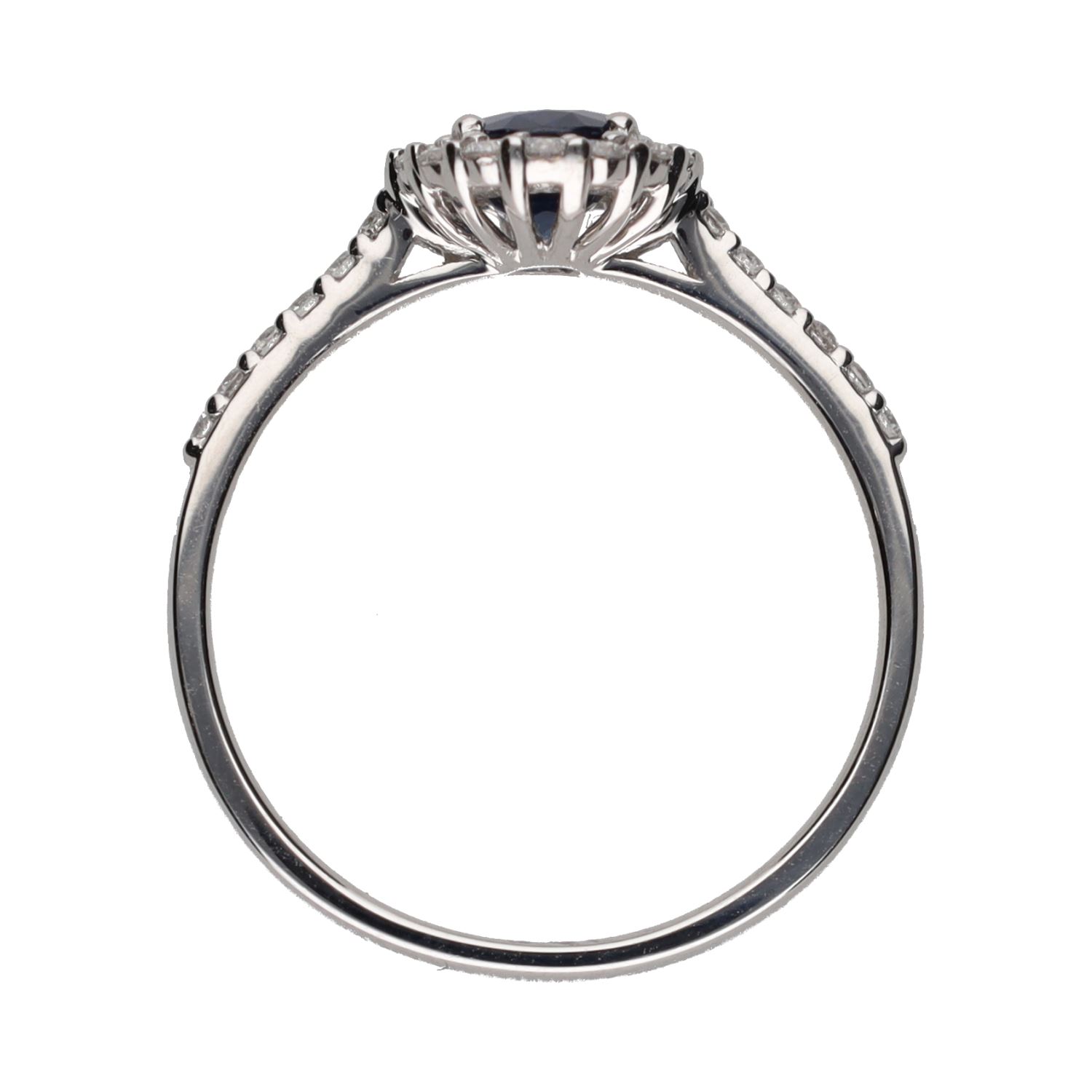 Sortija en oro blanco con zafiro central y brillantes en orla y brazos. Talla 15.