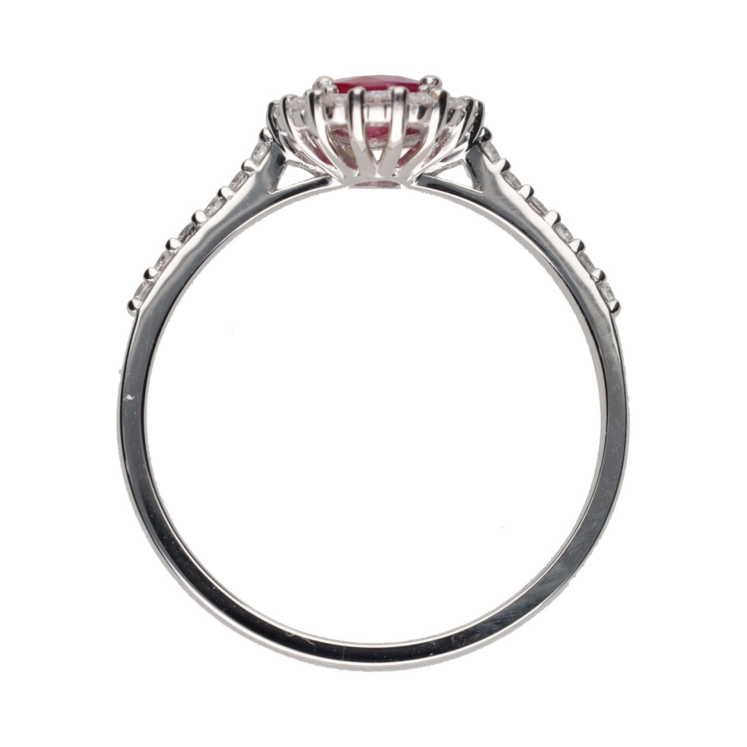 Sortija en oro blanco con rubí central y brillantes en orla y brazos. Talla 14.