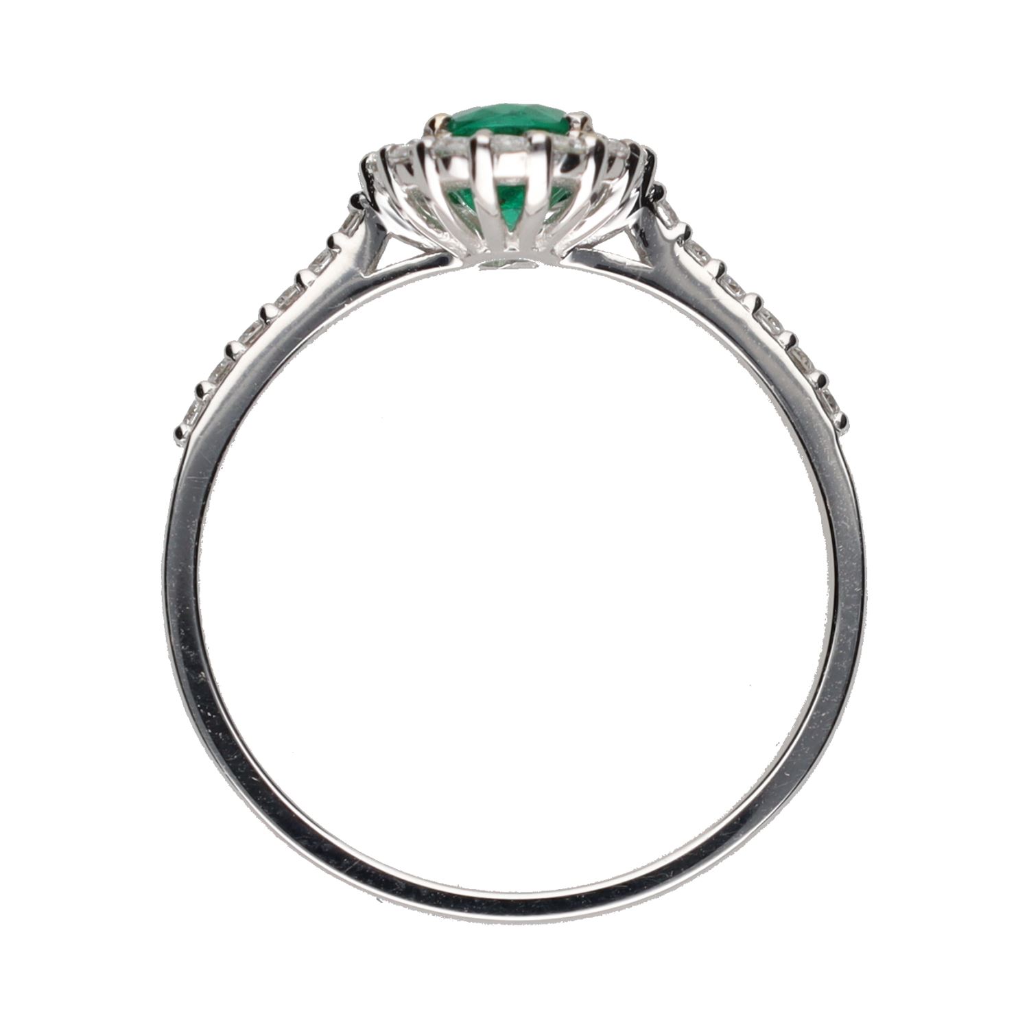 Sortija en oro blanco con esmeralda central y brillantes en orla y brazos. Talla 15.