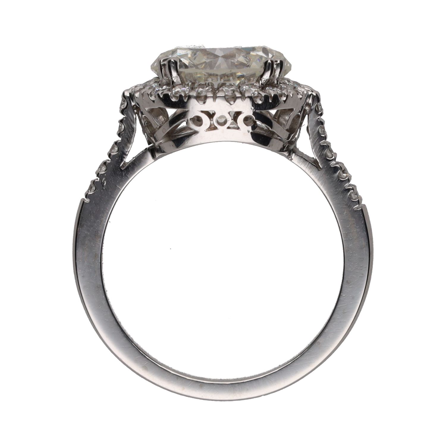 Sortija solitario con brillante central y brillantes en orla y brazos. Talla 12.