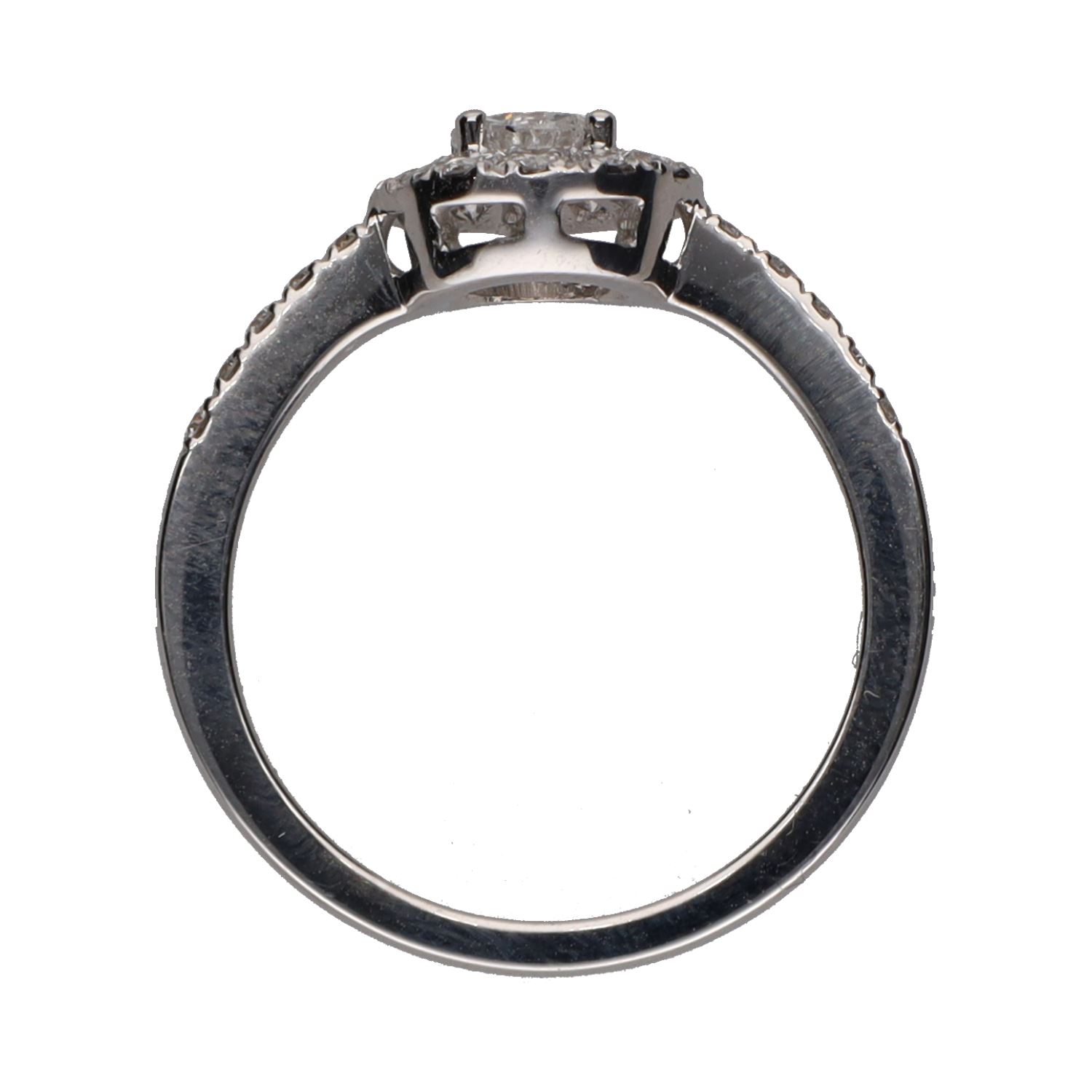Sortija solitario en oro blanco con brillantes. Talla 12.