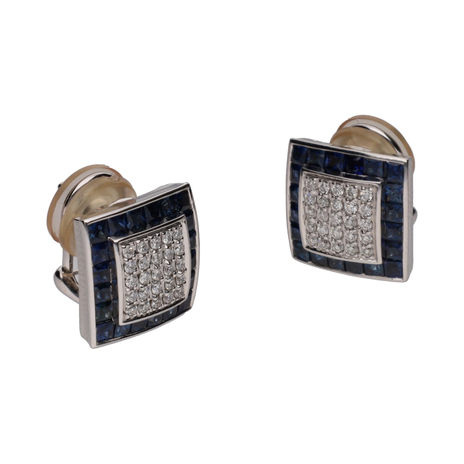 Pendientes cuadrados en oro blanco con zafiros y brillantes.