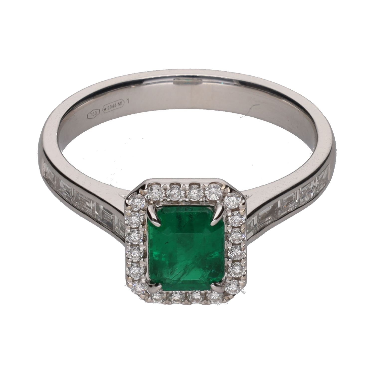 Sortija en oro blanco con esmeralda y brillantes. Talla 14.