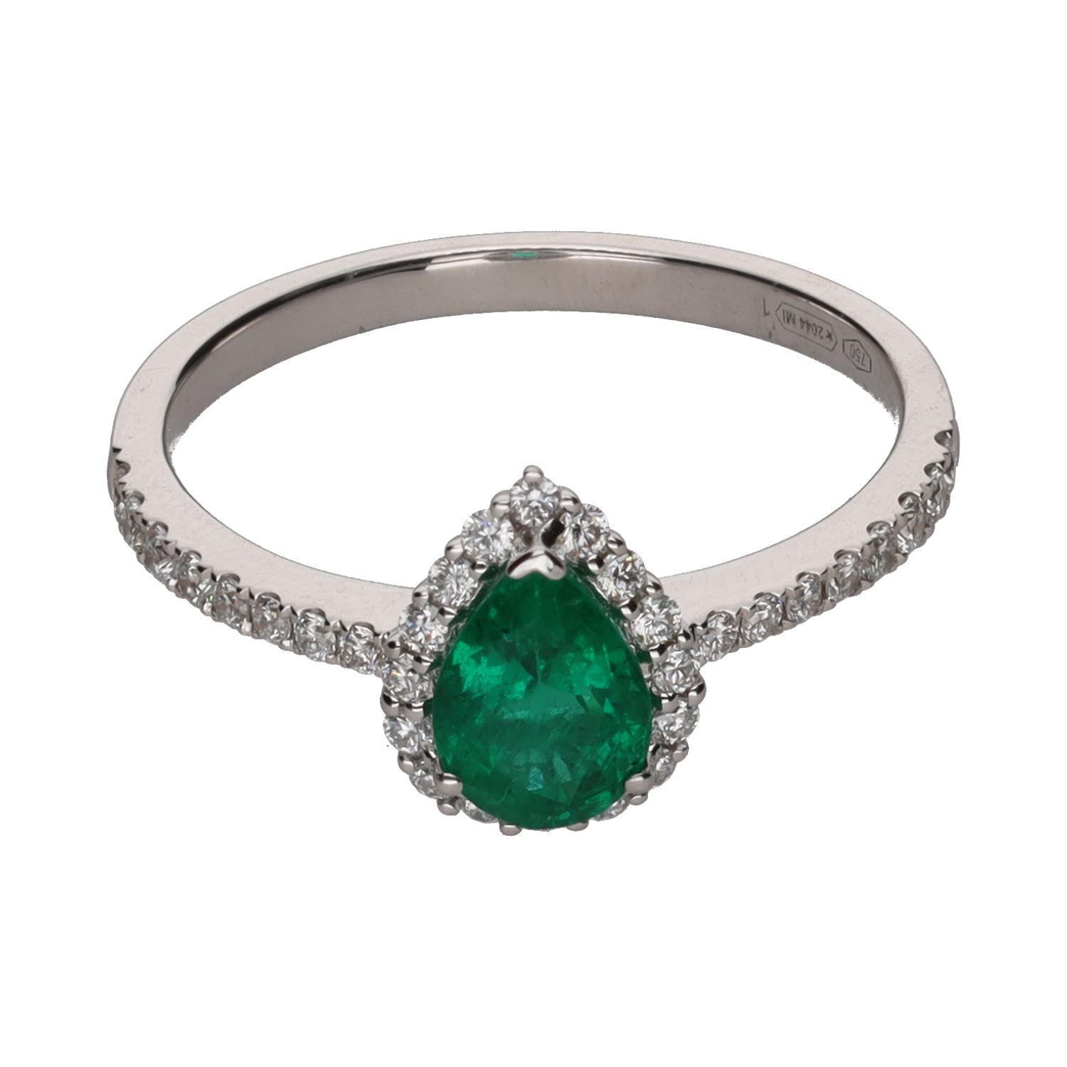 Sortija en oro blanco con esmeralda pera y brillantes. Talla 14.