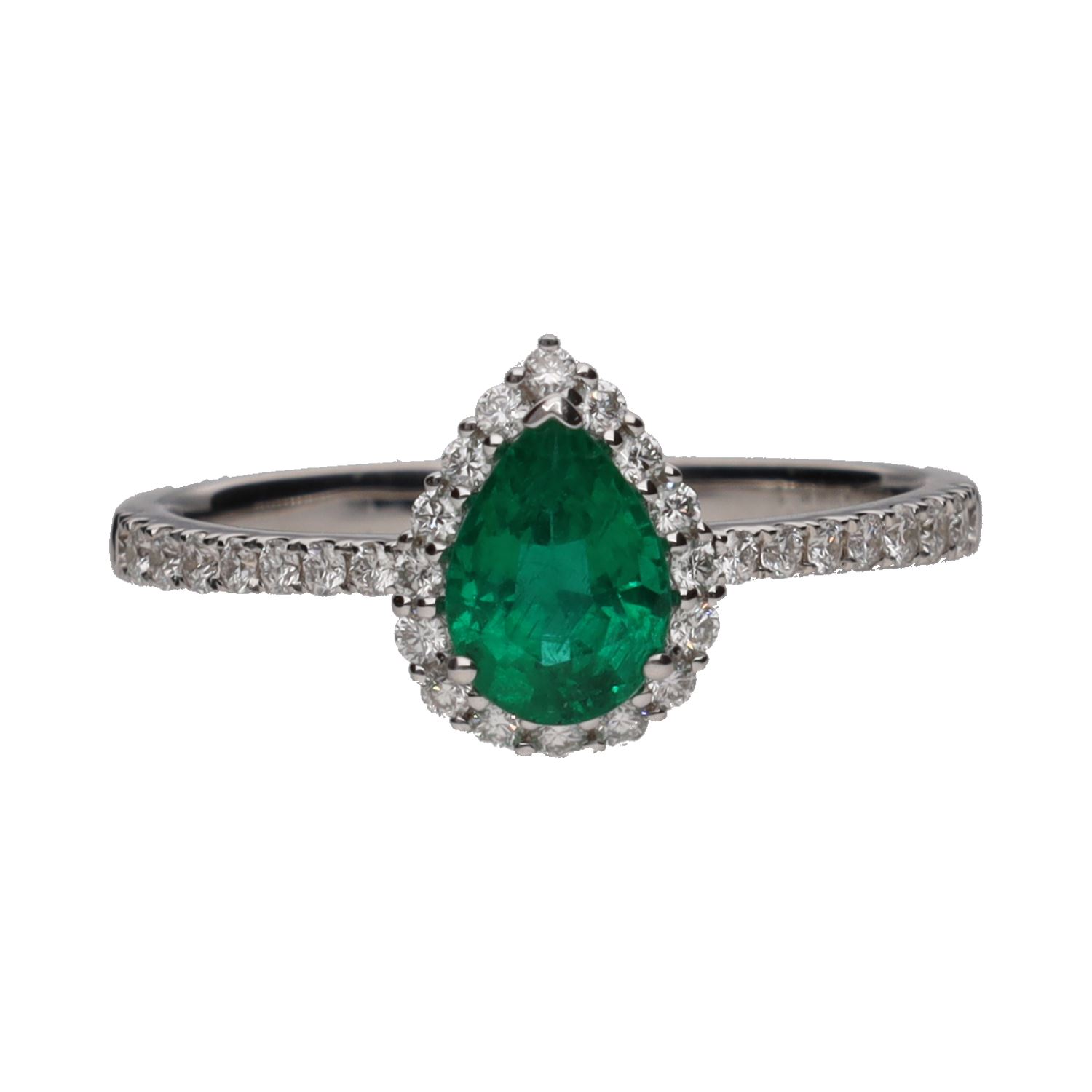 Sortija en oro blanco con esmeralda pera y brillantes. Talla 14.