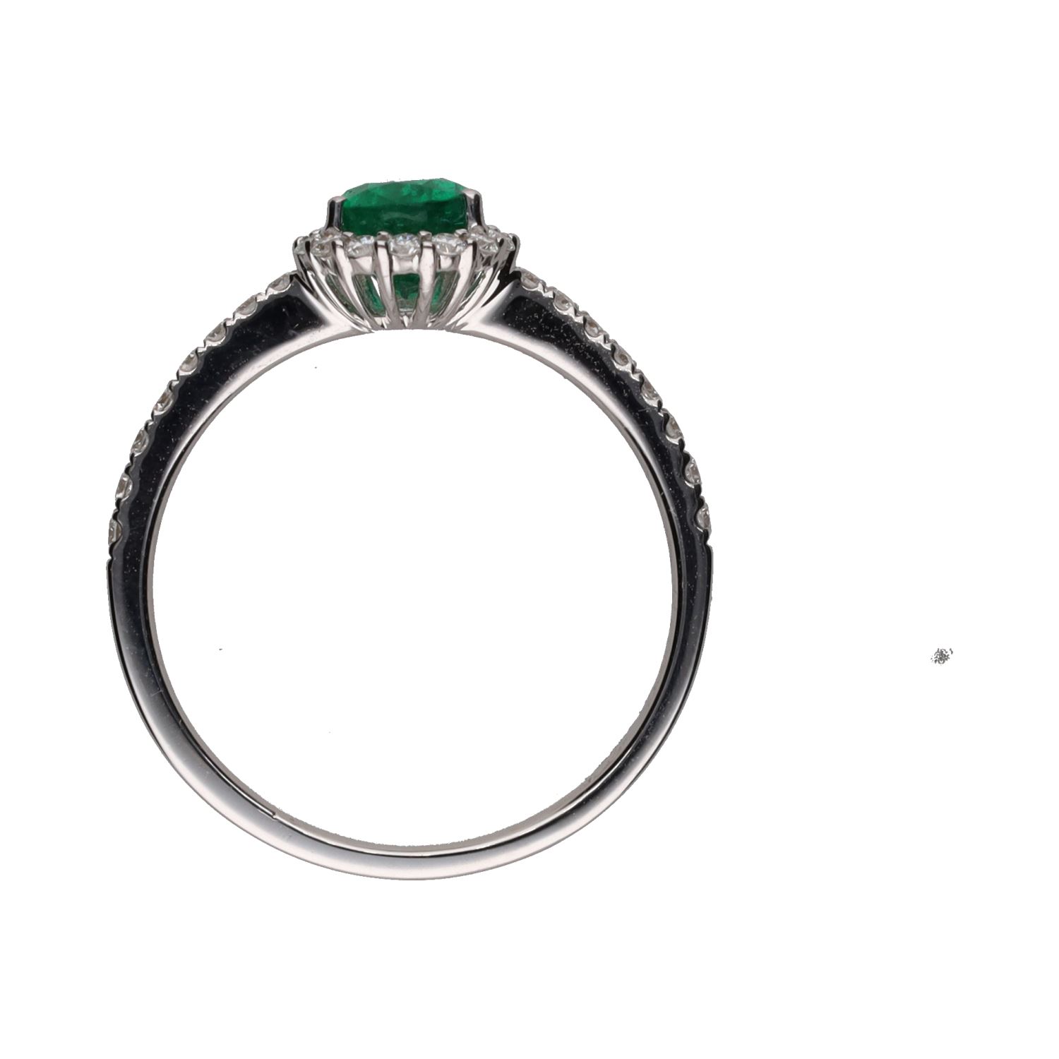 Sortija en oro blanco con esmeralda pera y brillantes. Talla 14.