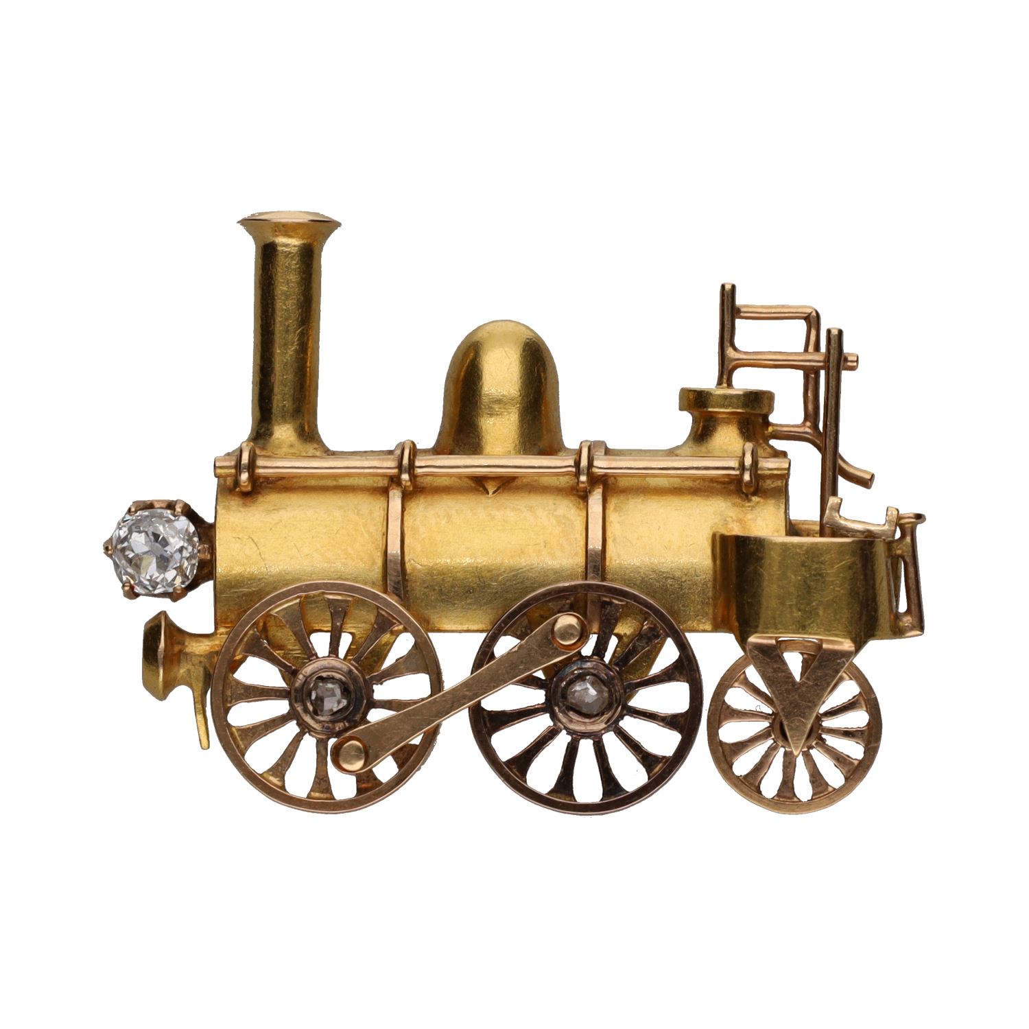 Broche  s-xix en forma de locomotora en oro amarillo con diamantes.