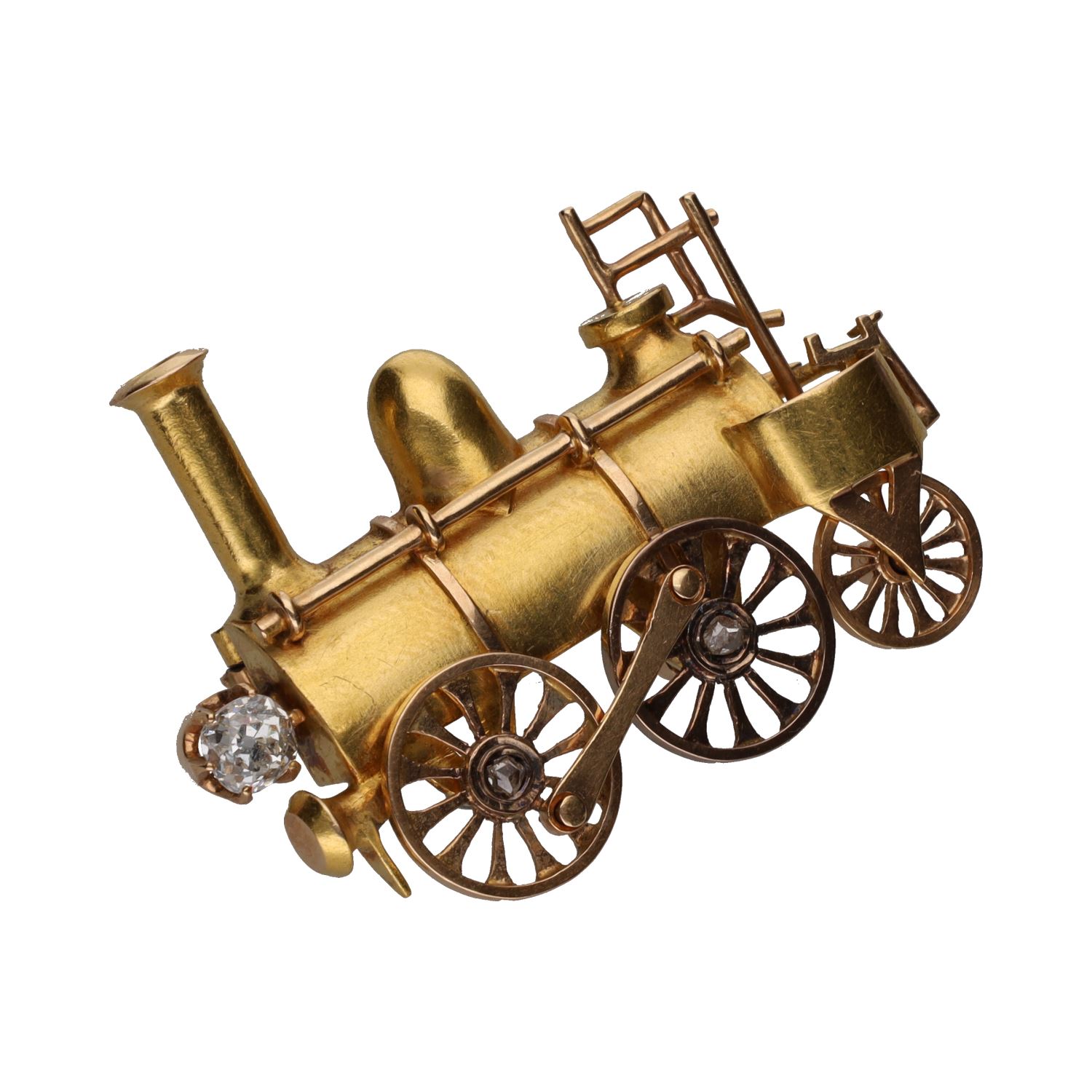 Broche  s-xix en forma de locomotora en oro amarillo con diamantes.