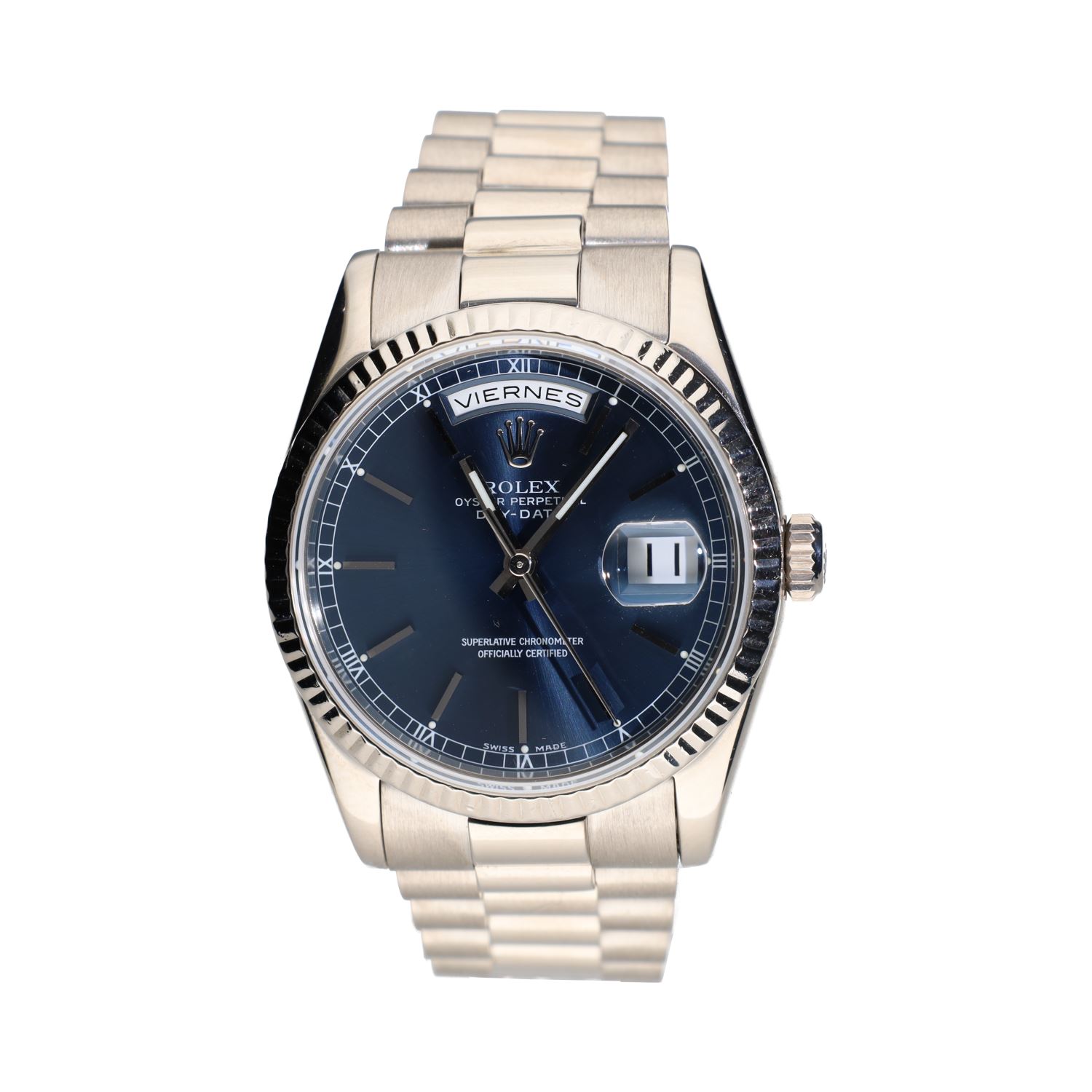 Day date oro blanco president 36mm esfera azul.  