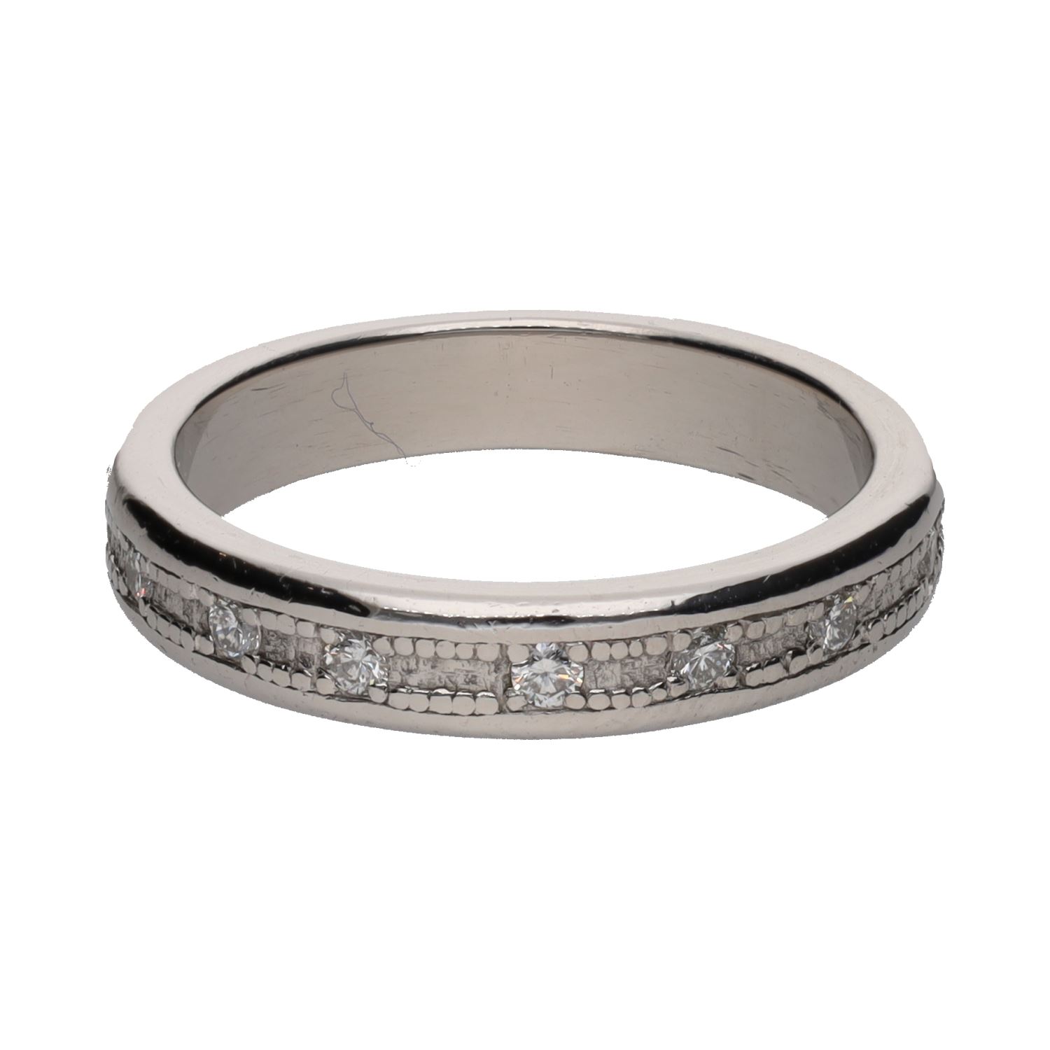 Sortija alianza eternity en oro blanco con brillantes. Talla 23.