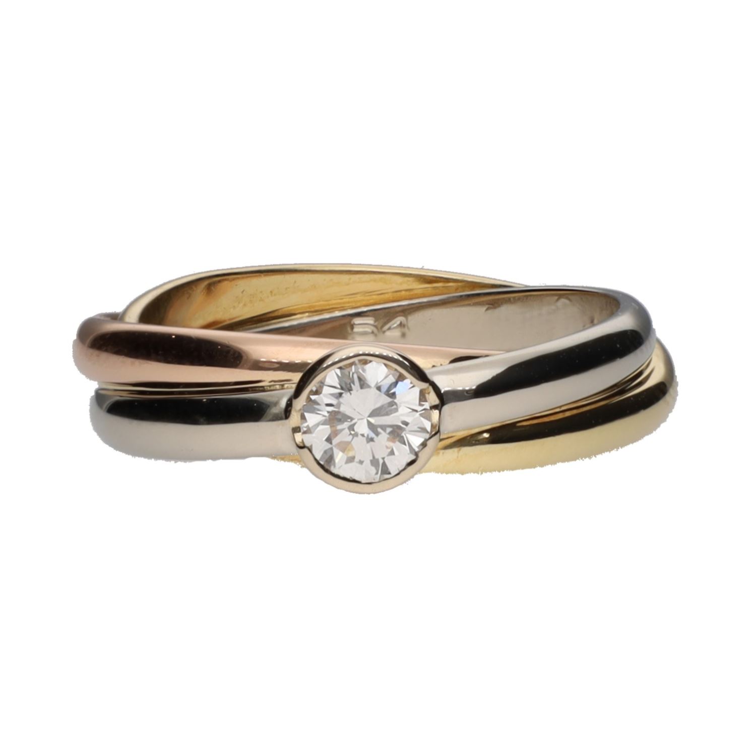 Sortija triana de cartier en tres oros con un brillante. Talla 54